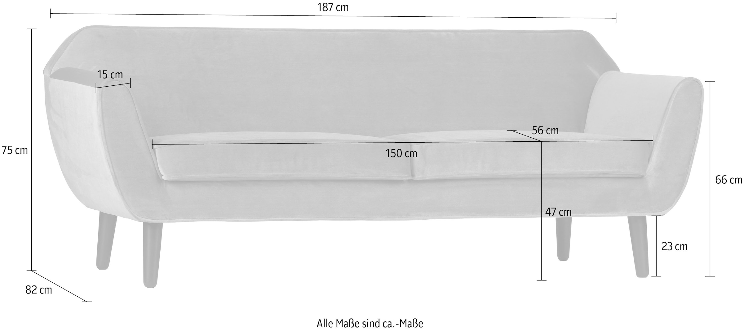 WOOOD 2,5-Sitzer »Rocco Velvet-Bezug mit Buchenholzbeinen, H 75 x B 187 x D 82 cm« Maximale Verschleissfestigkeit, mittlere Sitzhöhe, Pfleiglicht