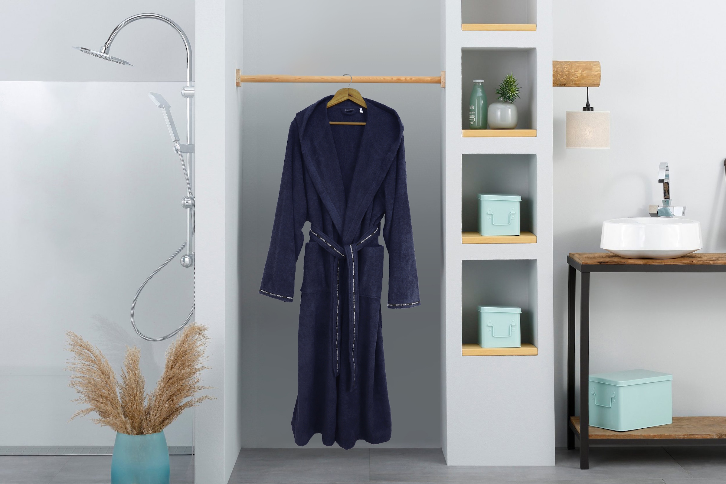 Bruno Banani Herrenbademantel »Danny, Normallänge & Überlänge, auch in extra lang, Hotelbademantel«, (1 St.), mit Logostreifen, Herren Bademantel aus 100% Baumwolle, S-4XL