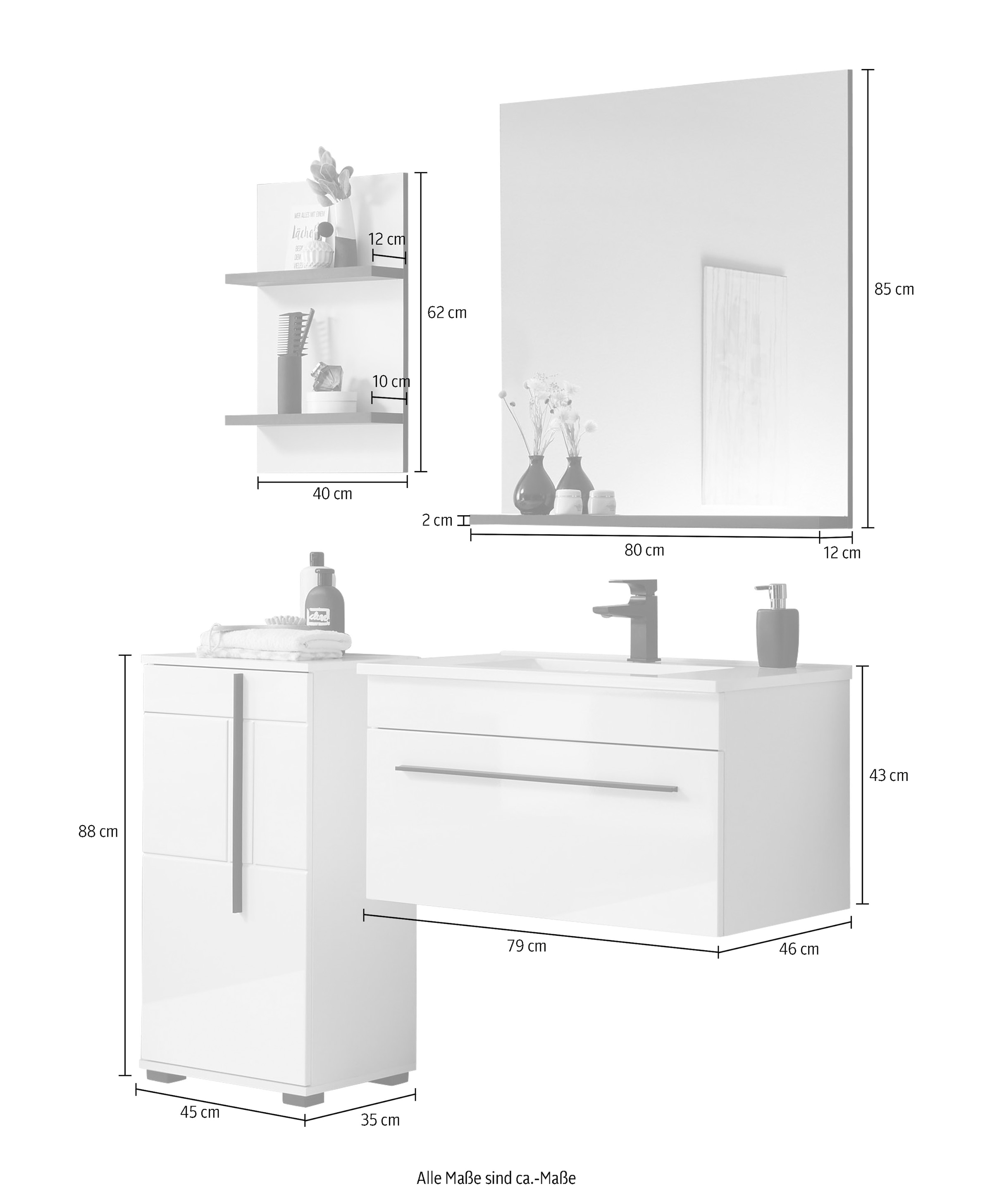 INOSIGN Badmöbel-Set »Cantara, Bad im modernen Design, 4-teiliges Badezimmer«, (Set, 4 St.), Waschtisch, Schrank, Hängeregal und Spiegel, in Weiss Hochglanz