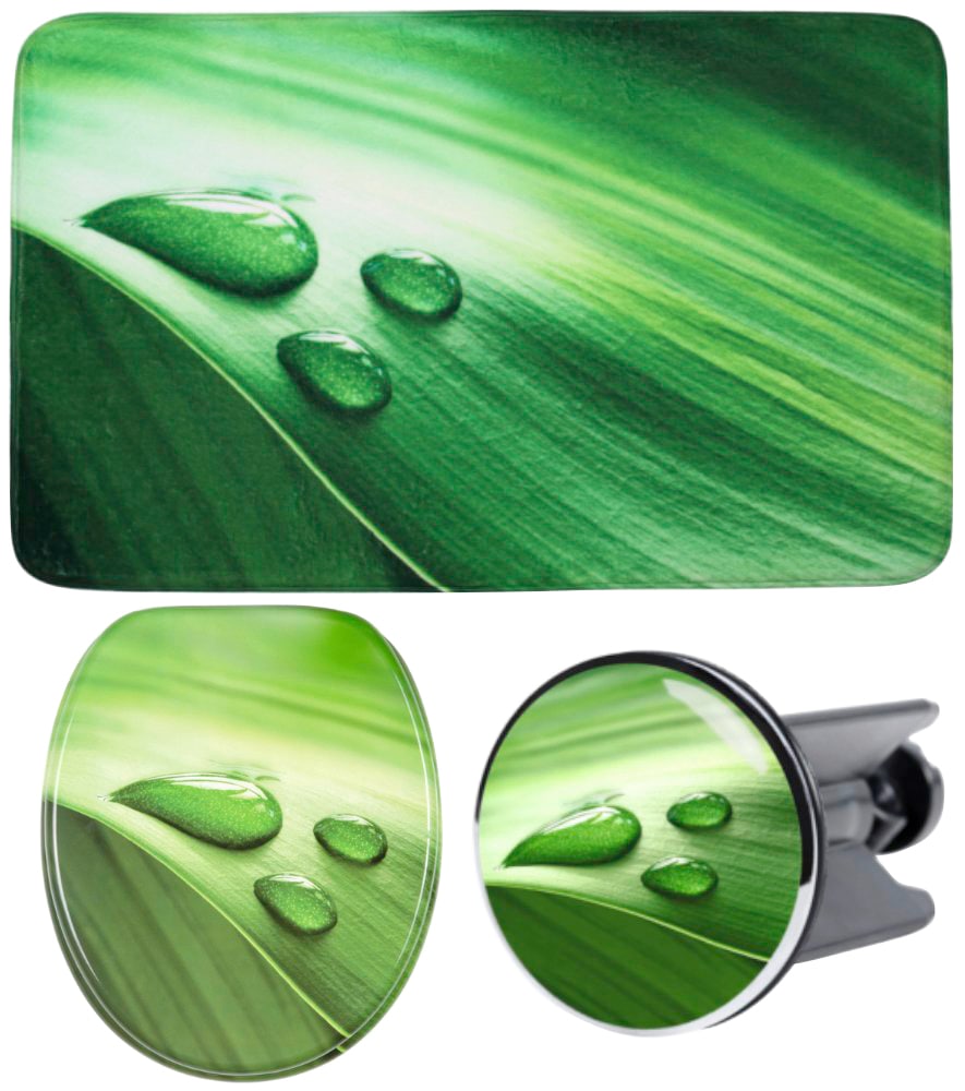 Image of Sanilo Badaccessoire-Set "Green Leaf" bestehend aus WC-Sitz, Badteppich und Waschbeckenstöpsel