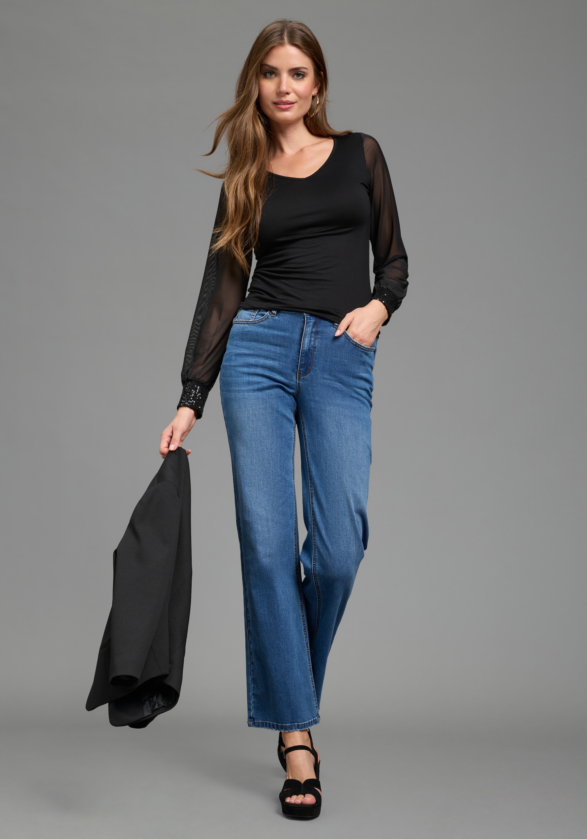 Laura Scott Shirtbluse »mit Mesh und Pailetten« figurbetonte Passform, mit V-Ausschnitt