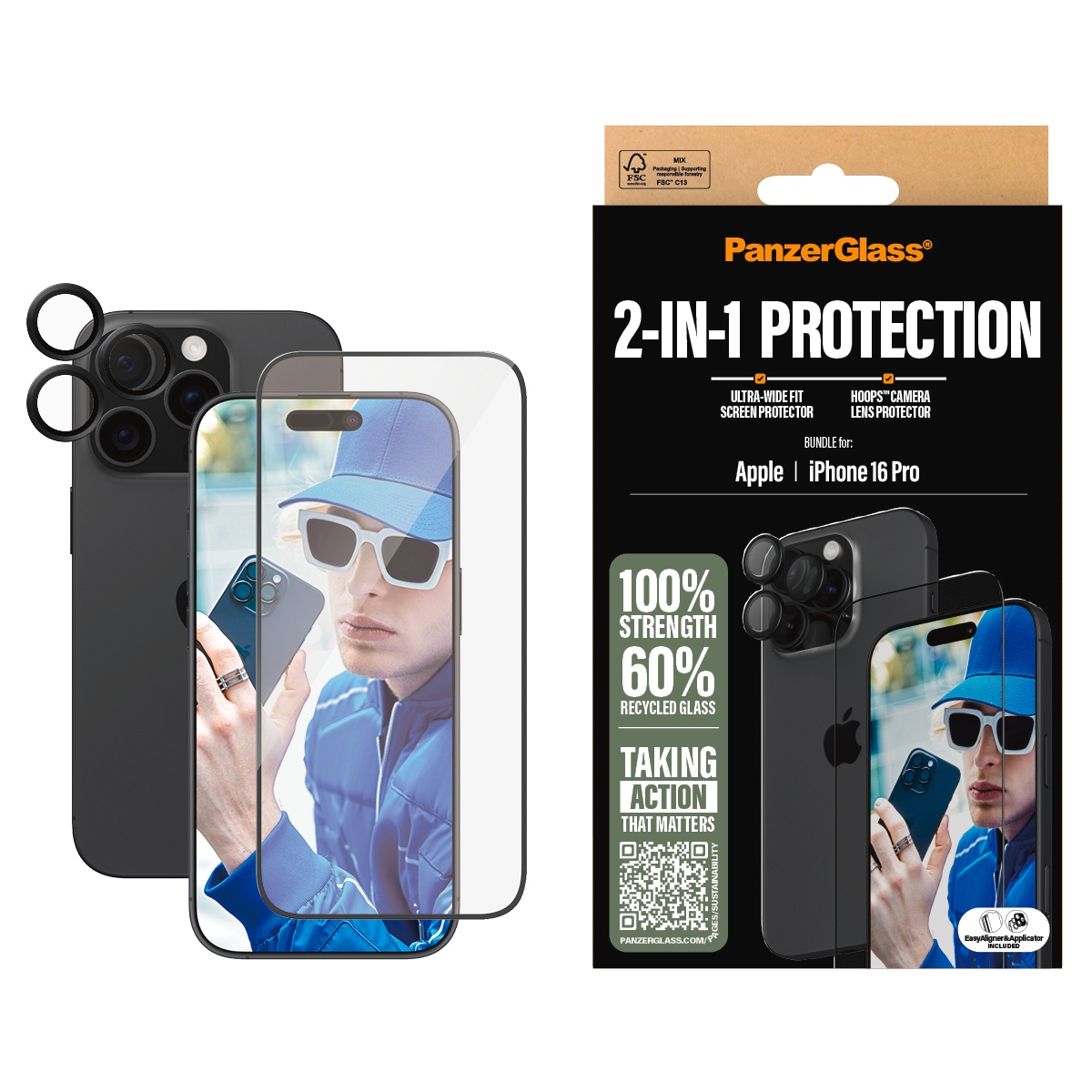 Image of PanzerGlass Displayschutzglas "2-in-1 Protection, Glass, Lens Protector" für Apple iPhone 16 Pro Displayschutzfolie, Schutzfolie, Bildschirmschutz, kratz- & stossfest