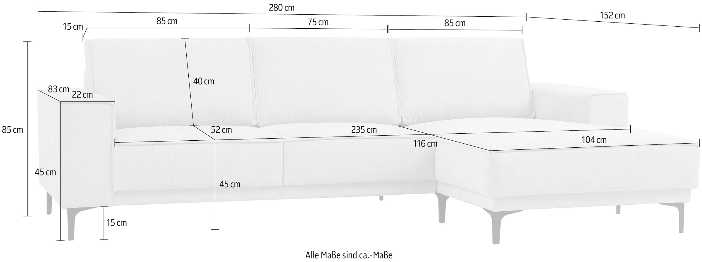Places of Style Ecksofa »Polsterecke Oland, Struktur, Flachgewebe, Luxus-Microfaser, Boucle«, L-Form, 280 cm, Wellenunterfederung, Skandi-Design, Metallfüsse
