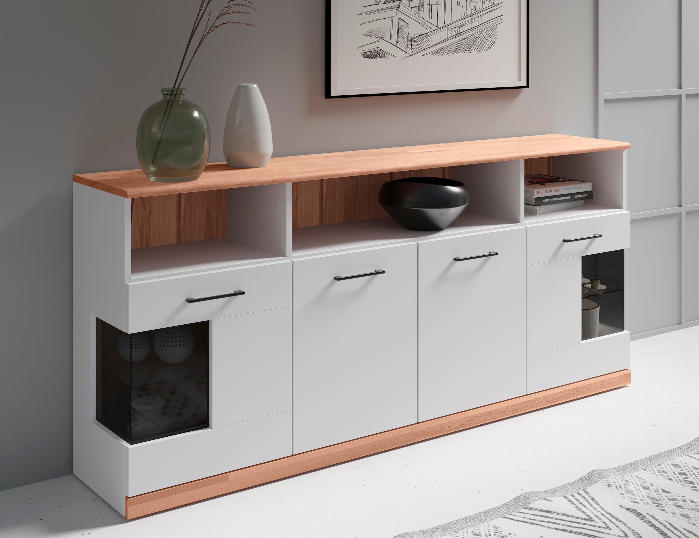 Home affaire Sideboard »Ribe,180cm breit, 9 Fächer«, Oberplatte Massivholz,schwarze Metall Griffe,2 Türen mit Glaseinsatz