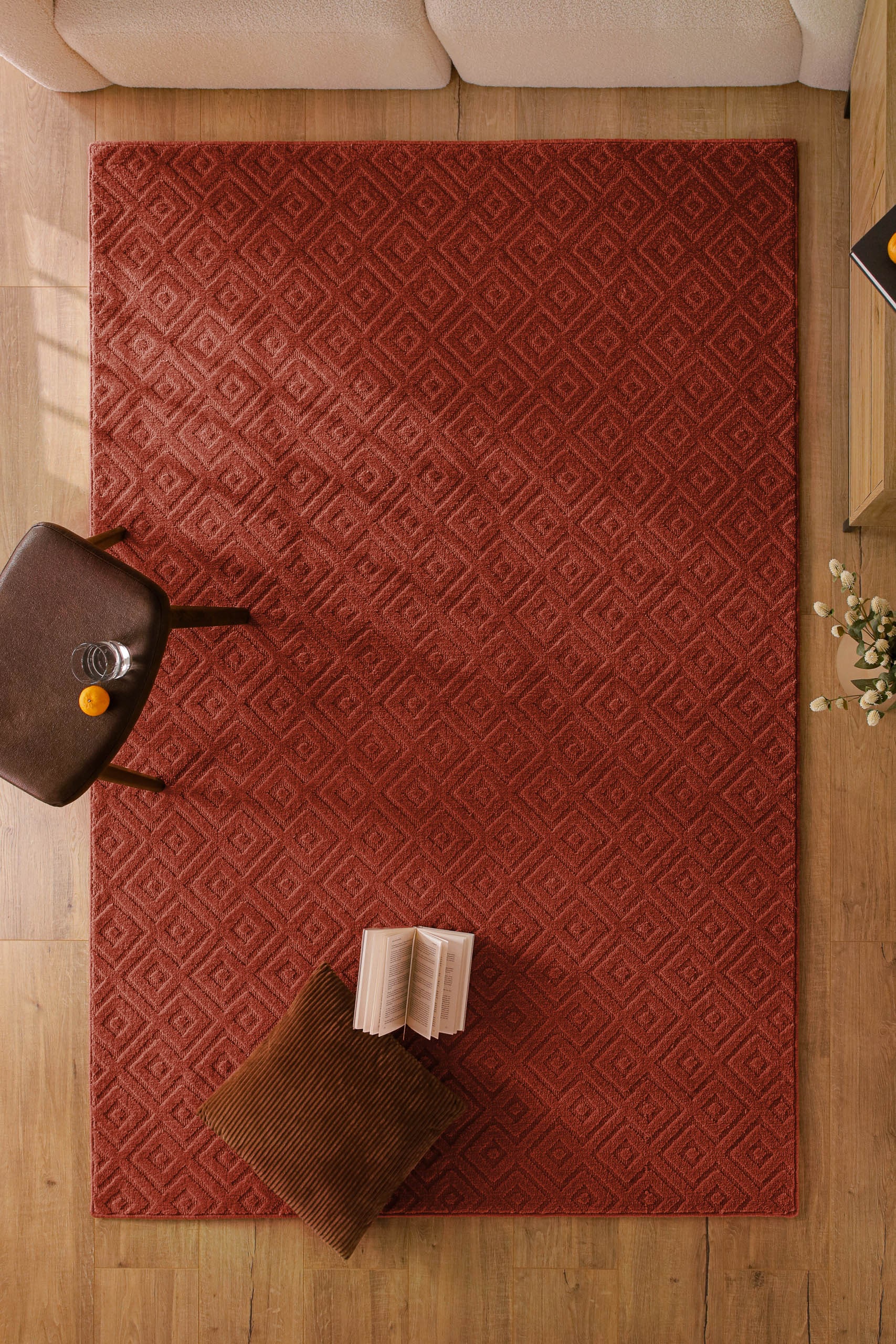 Wecon home Tapis »Castello TWO« Rectangulaire 7 mm Höhe Schurwolle, Kurzflor mit Hoch-Tief-Effekt, Wohnzimmer, Rautenmuster