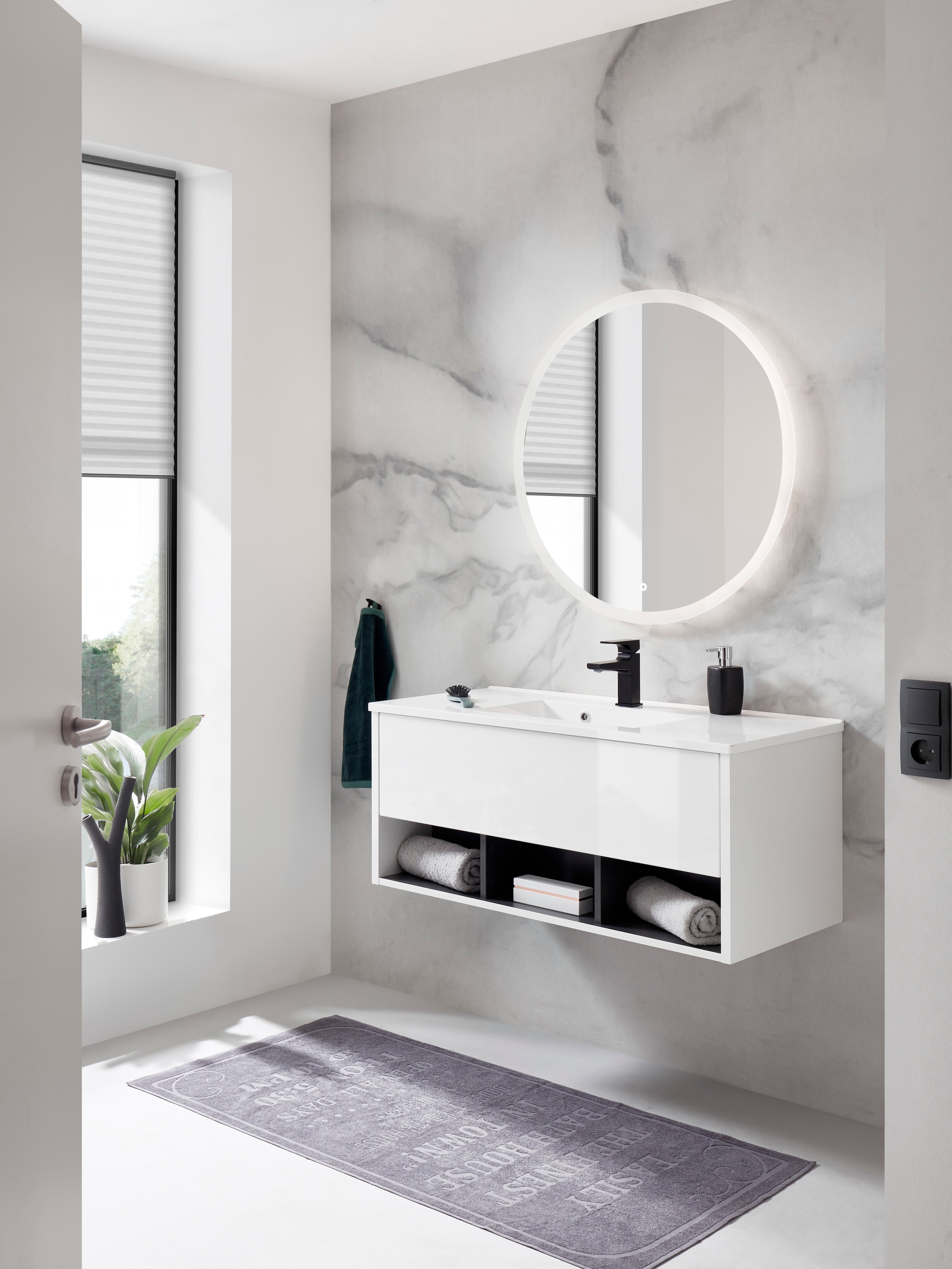 Places of Style Badmöbel-Set »Studio Line, Bad im modernen Design, 2-teiliges Badezimmer«, (2 St.), Waschtisch und Spiegel, in zwei Farben verfügbar, viel Stauraum