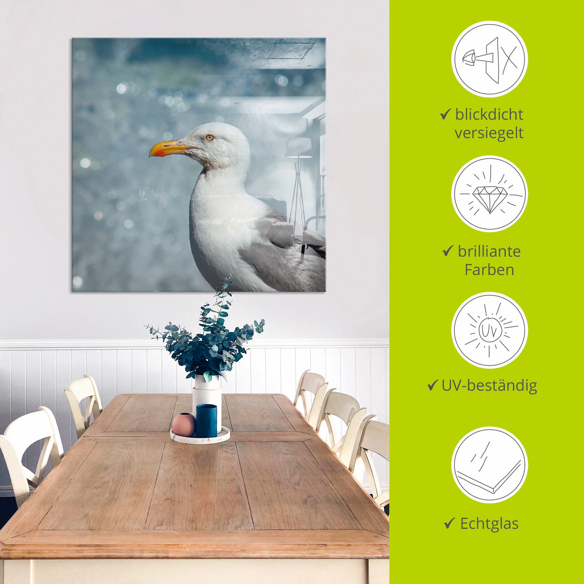 Artland Tableau en verre »Möwe an der Nordseeküste« Oiseaux 1 cuis tlg. disponible en différentes tailles