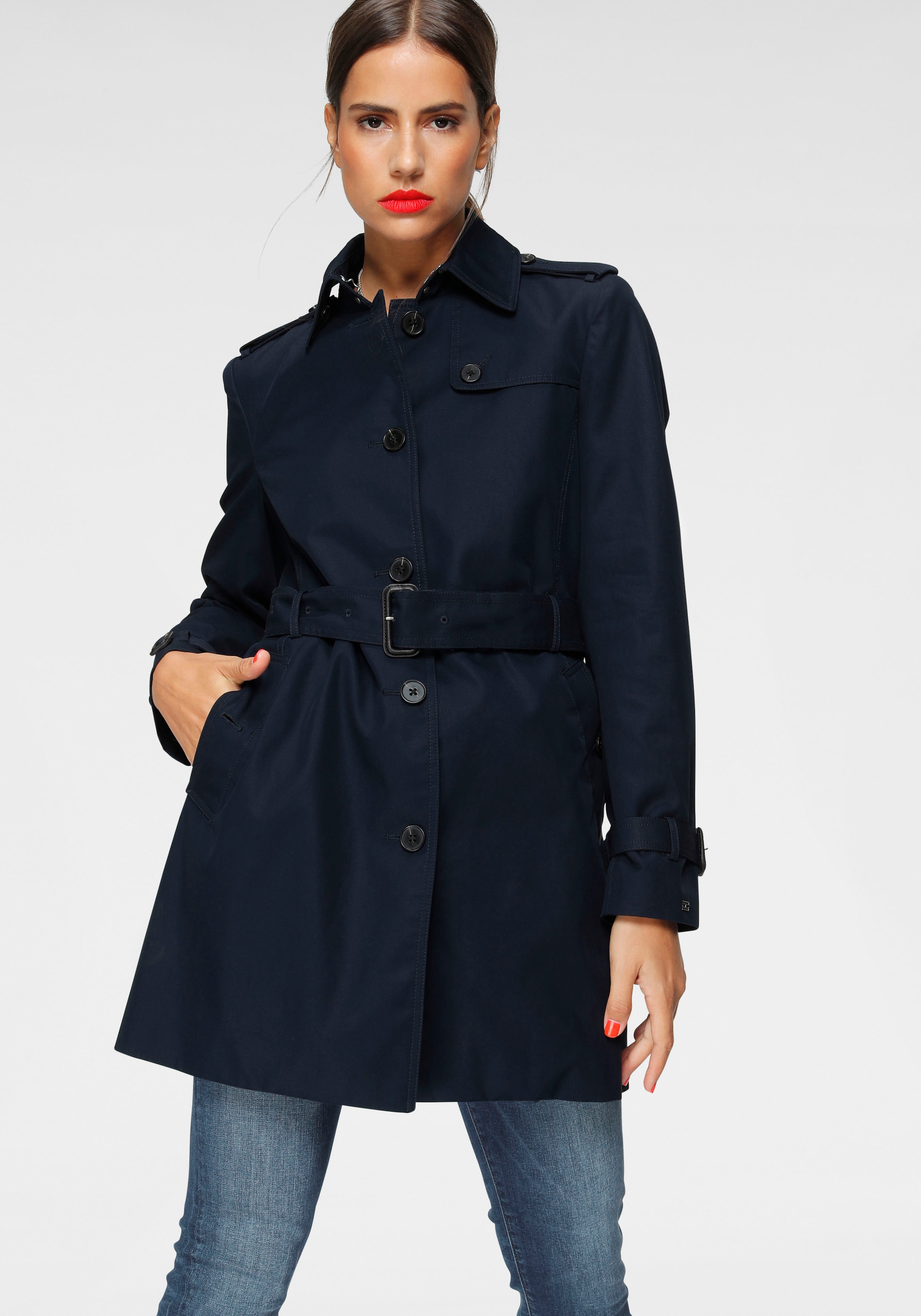 Tommy Hilfiger Langjacke »HERITAGE SINGLE BREASTED TRENCH«, mit den typischen Trenchdetails & Tommy Streifen als Gürtelschlaufe