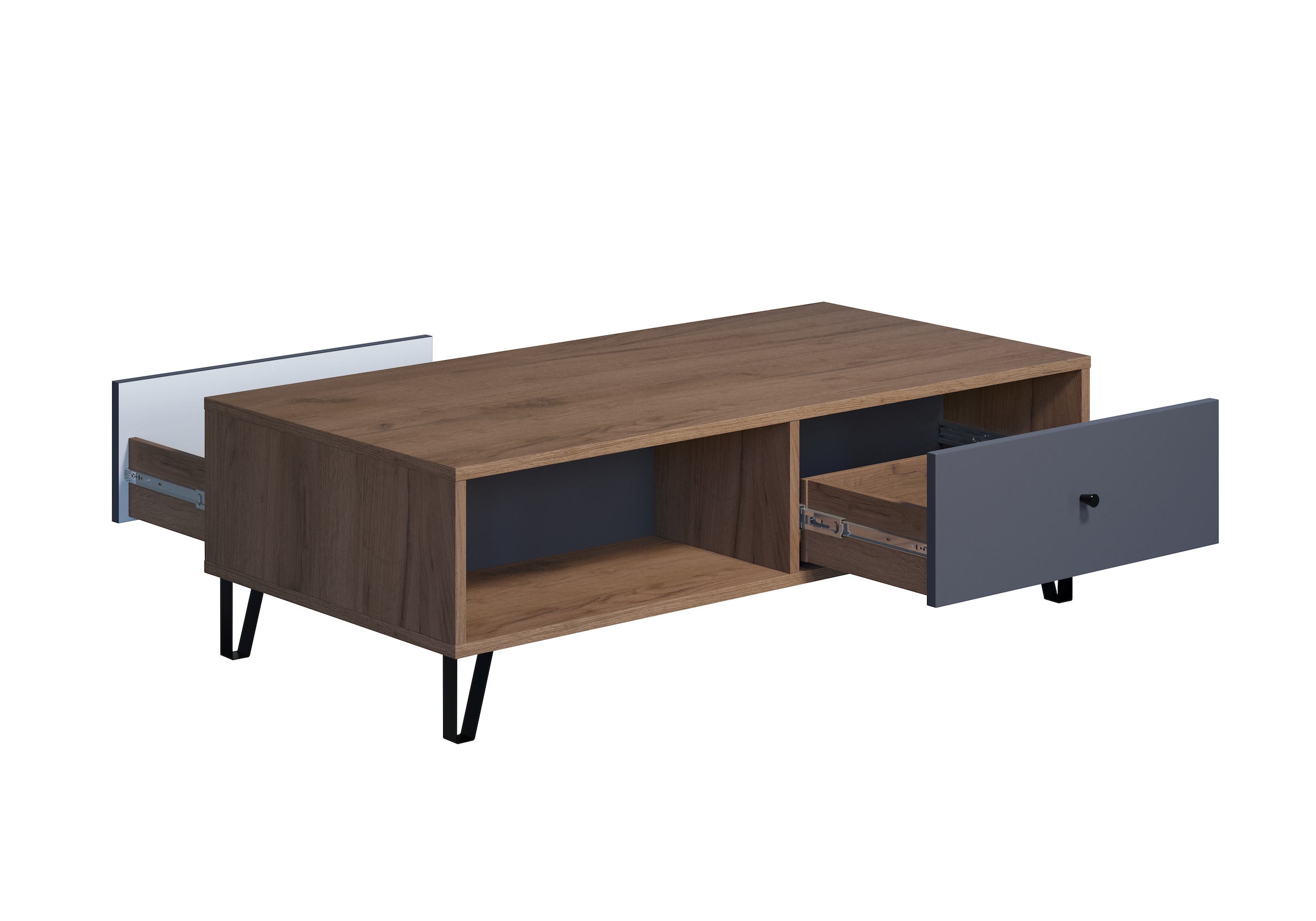 Places of Style Couchtisch »Molveno«, (1 St.), Sofatisch mit 2 Fächern, Schubladen und extravaganten Metall-Füssen