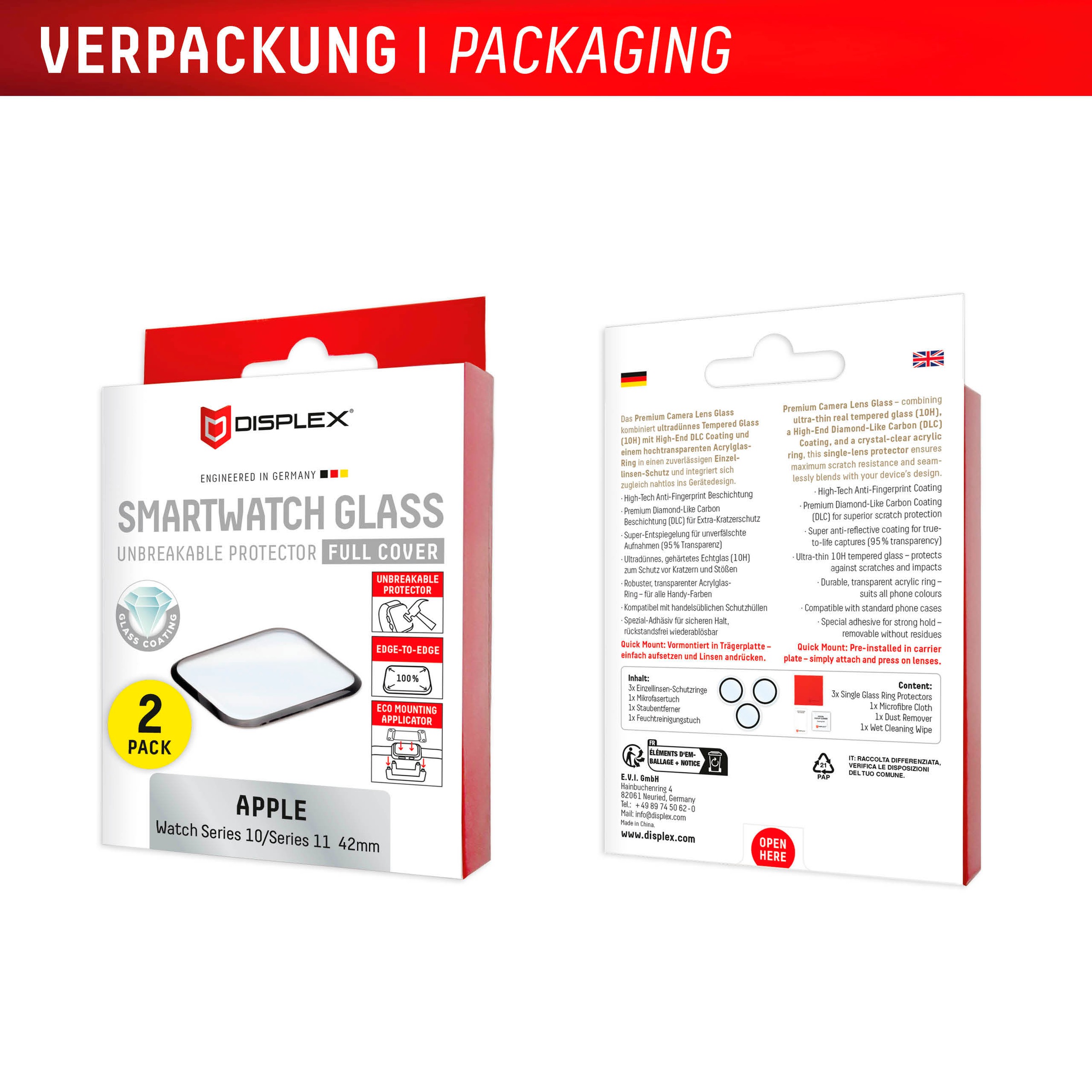 Displex Verre de protection d'écran »Smartwatch Glass Unbreakable Protector Full Cover« für Apple Watch Series 10 42 mm;Apple Watch Series 11 42 mm Packung, 2x Acrylglas Protector,  Displayschutzfolie, Schutzfolie, Bildschirmschutz, kratz- & stossfest