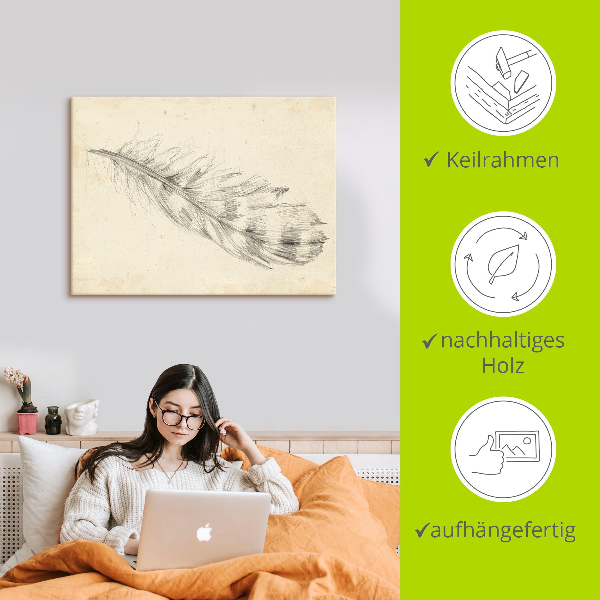 Artland Tableau sur toile »Federskizze II« 1 cuis tlg. auf Holzrahmen gespannt