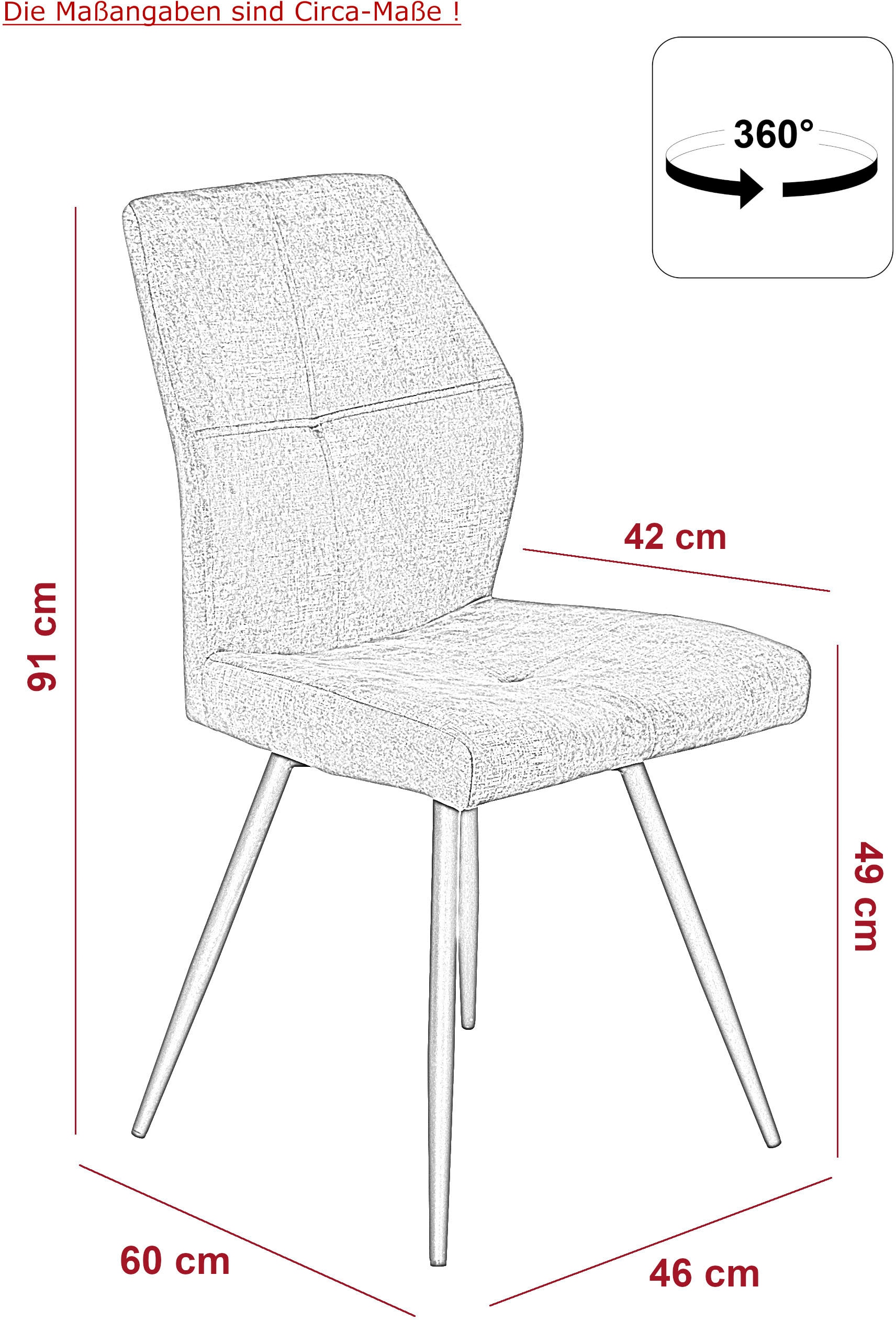 HELA Chaise à 4 pieds »ALLY« (Set) 2 cuis4-Fuss, 360° drehbar, gepolstert, Vintage Velvet mit Steppnähten