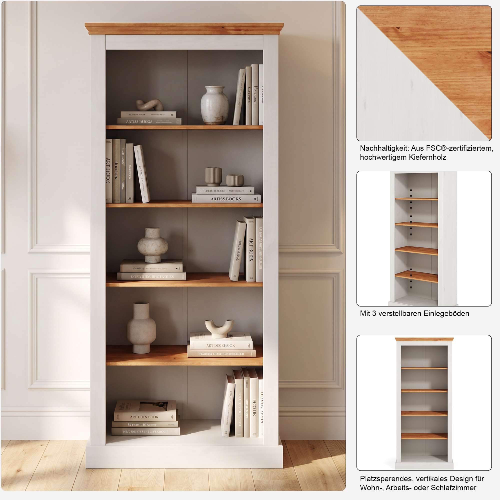 GOODproduct Bücherregal »Selma, Standregal, Stauraumregal, aus massivem Kiefernholz. FSC®« mit 1 festen und 3 verstellbaren Einlegeböden, Breite 80cm, Höhe 180cm