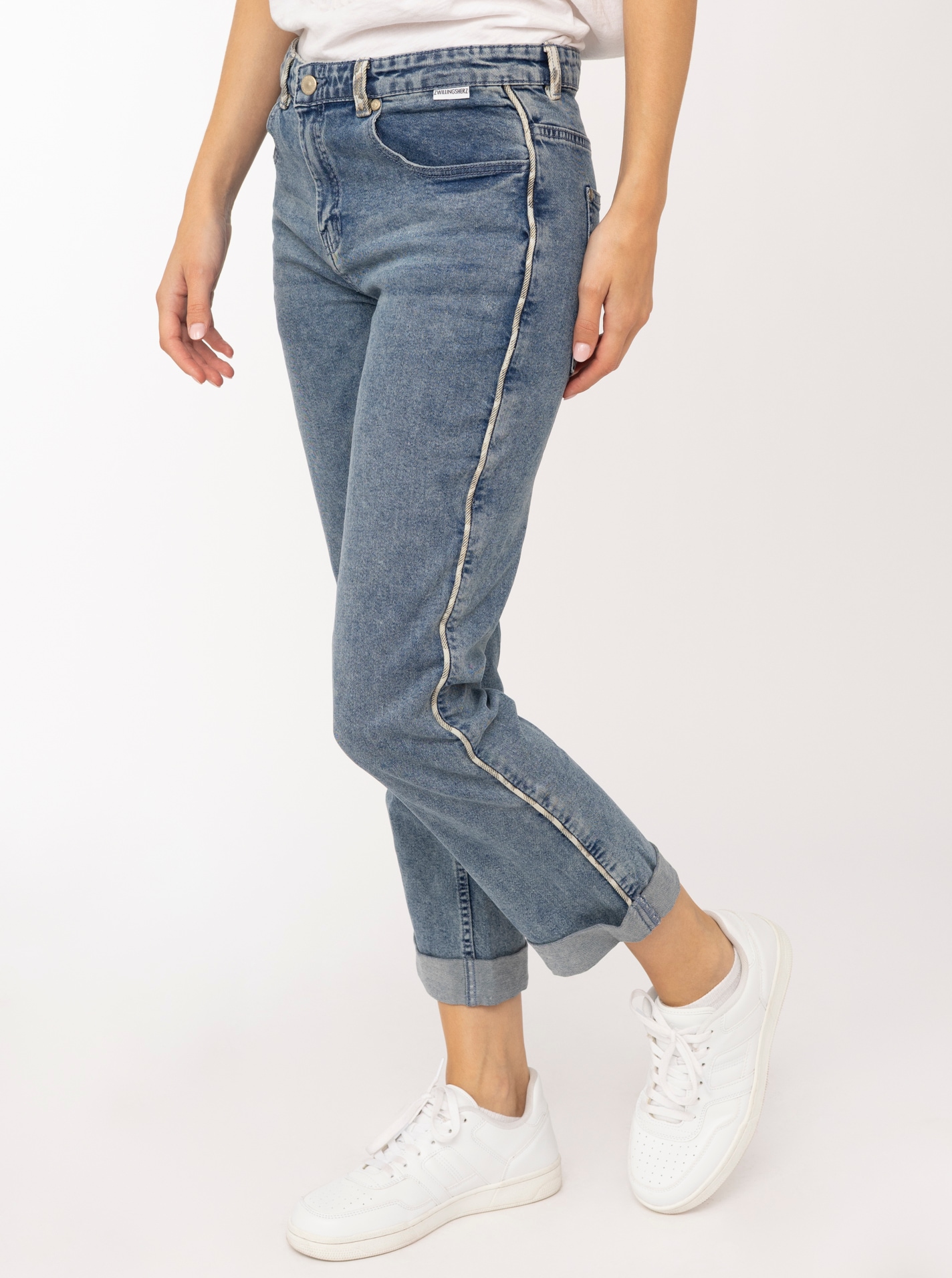 Image of Zwillingsherz Slim-fit-Jeans ""Leo Details"" knöchellang, mit Umschlag, seitliche Leo-Streifen, Gesässtaschen