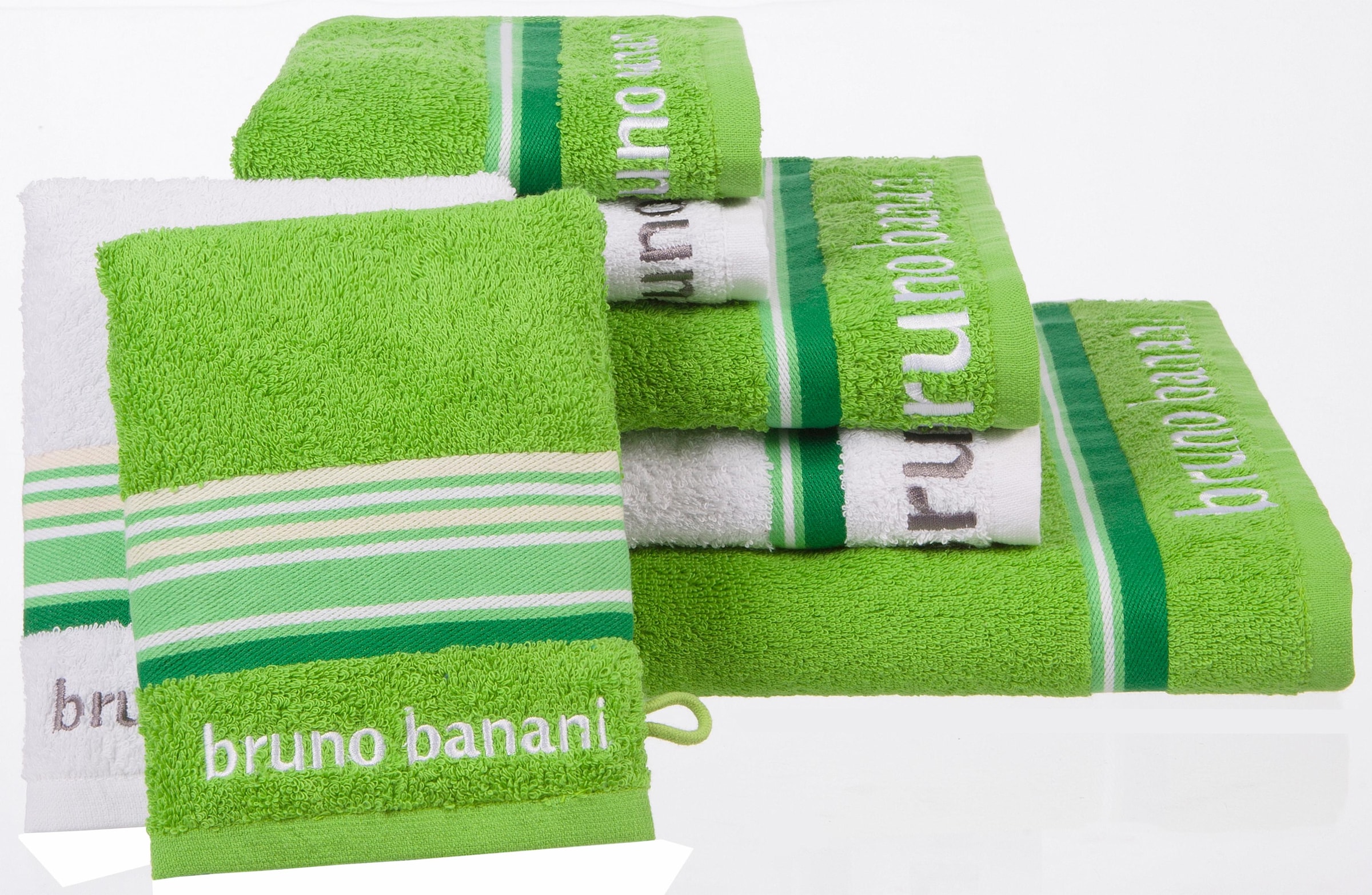 Bruno Banani Handtuch Set »Maja«, (Set, 7 St., 1 Duschtuch 70 x 140 cm-2 Handtücher 50 x 100 cm-2 Gästetücher 30 x 50 cm-2 Waschhandschuhe 16 x 21 cm), mit Bordüre und Markenlogo, 7 teiliges Handtücher Set, 100% Baumwolle