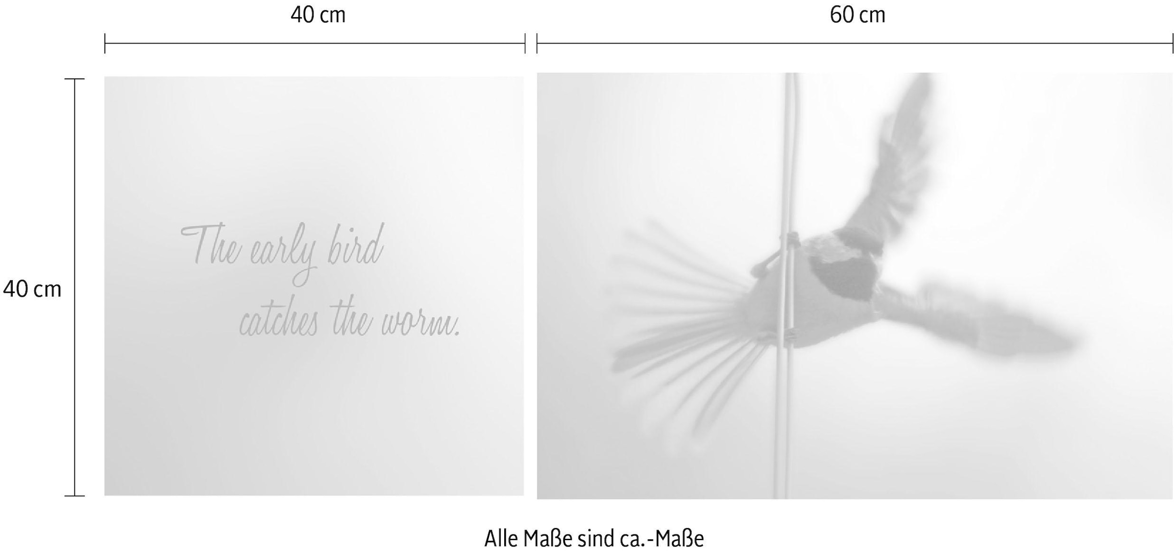 queence Leinwandbild »Early Bird«, Vogelbilder-Vögel-Kunst-Modern-Spa-Spa Bilder-Sprüche-Sprüche & Texte-Schriftzug-Schriftzüge, (Set), Premium-Leinwandstoff, Handarbeit aus Deutschland, Spruch, 2er Set