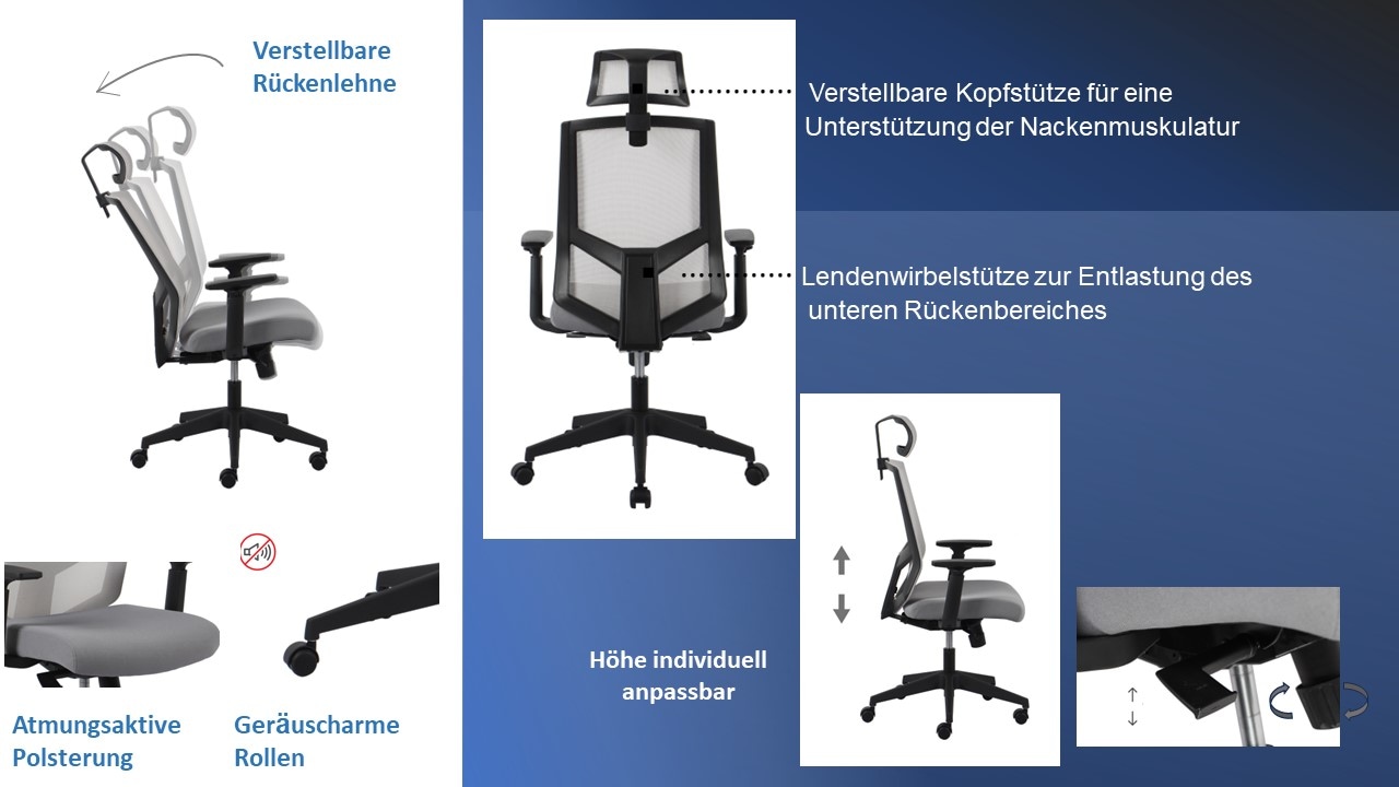 GOODproduct Chefsessel »Netti, Schreibtischstuhl, hochwertige ergonomische Ausstattung« () Kopfstütze, Armlehnen & Rückenlehne verstellbar