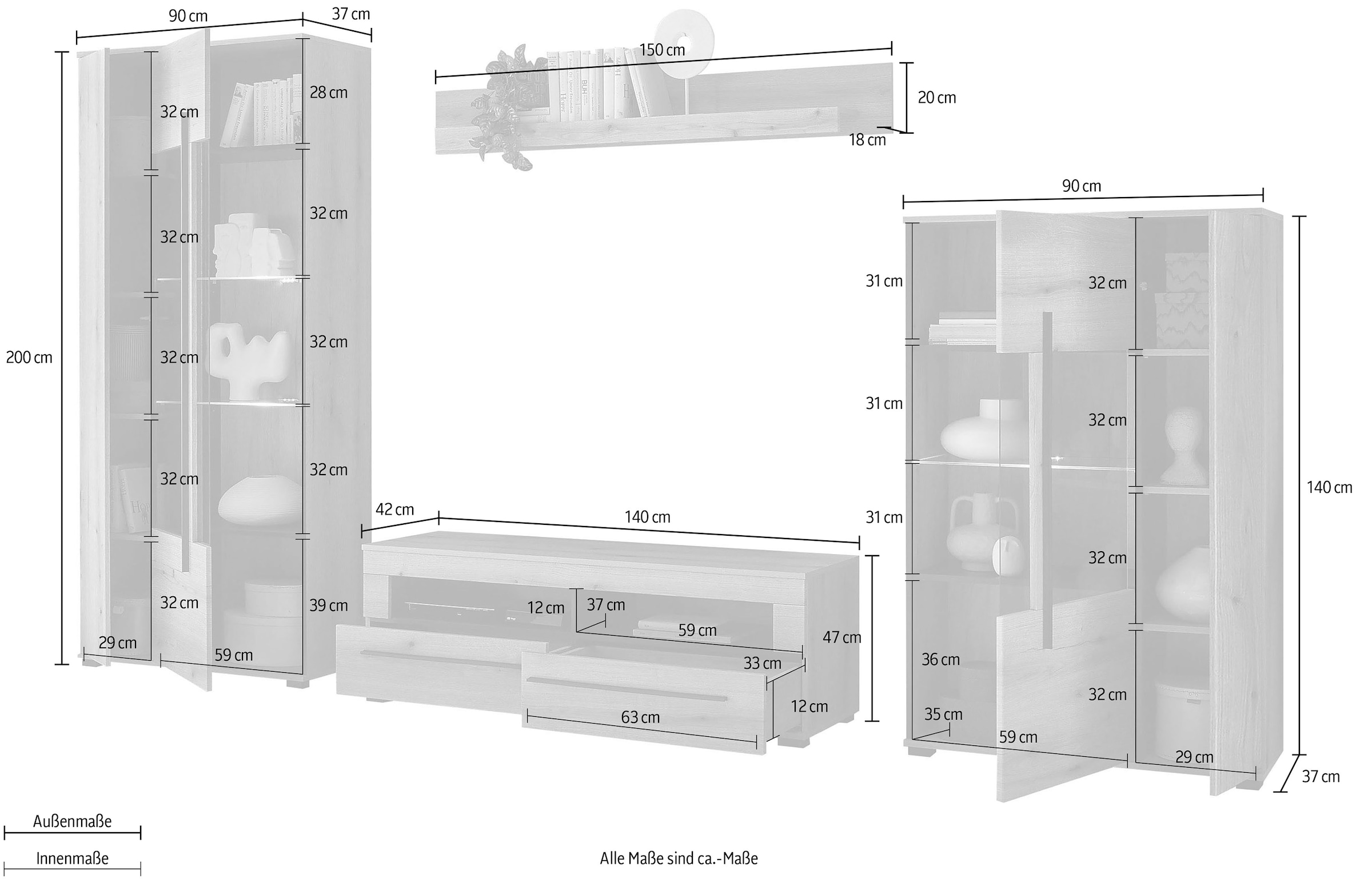 INOSIGN Wohnwand »Cantara, moderne Anbauwand, Wohnzimmer-Set, in Eiche Evoke oder Weiss«, (Set), enthält zwei Vitrinen, ein Lowboard und ein Wandboard
