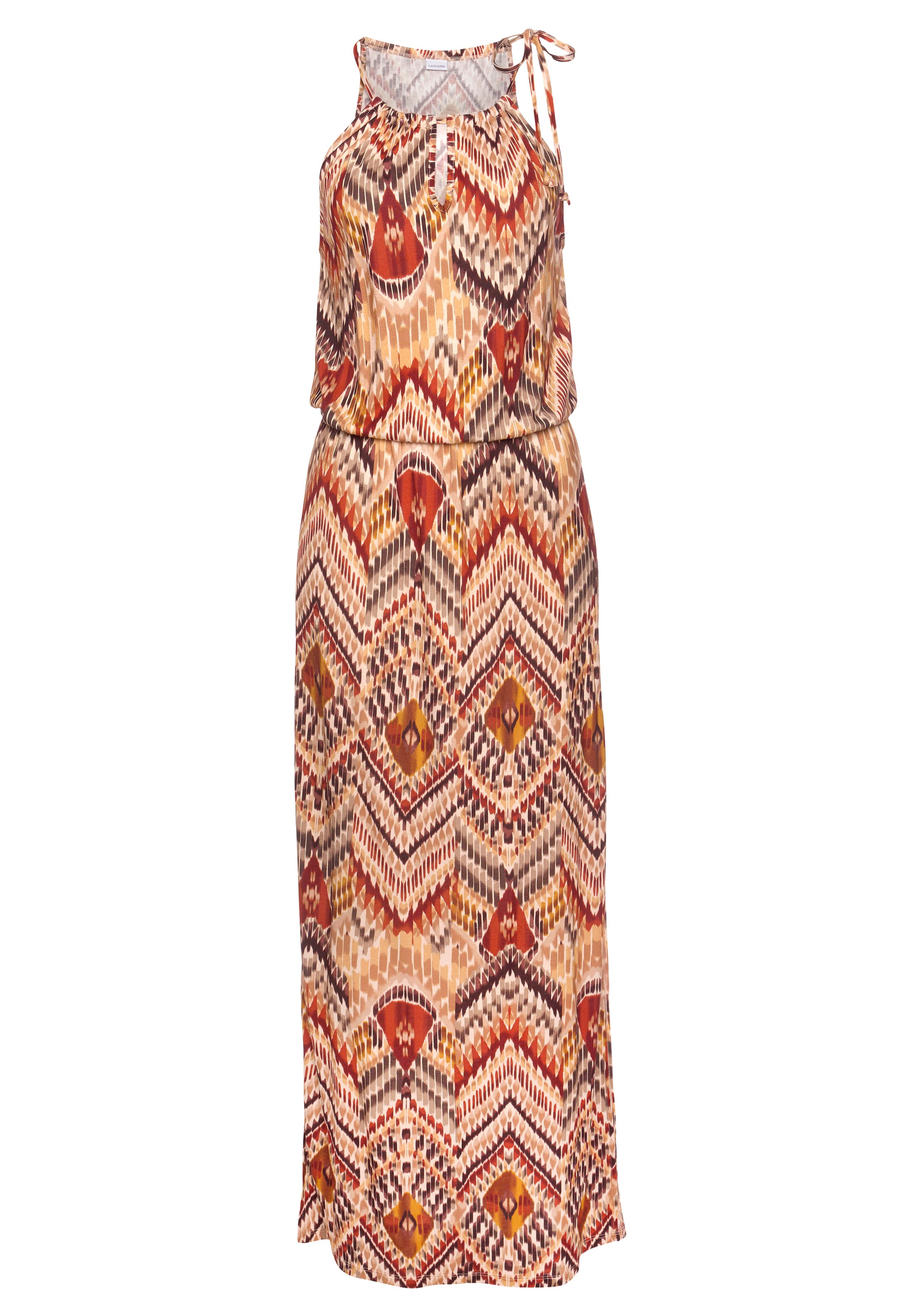 LASCANA Maxikleid "mit modischem Ausschnitt und Ethnoprint, Jerseykleid" Ohne Taschen elegantes Sommerkleid, Strandkleid mit Alloverdruck, Viskosekleid