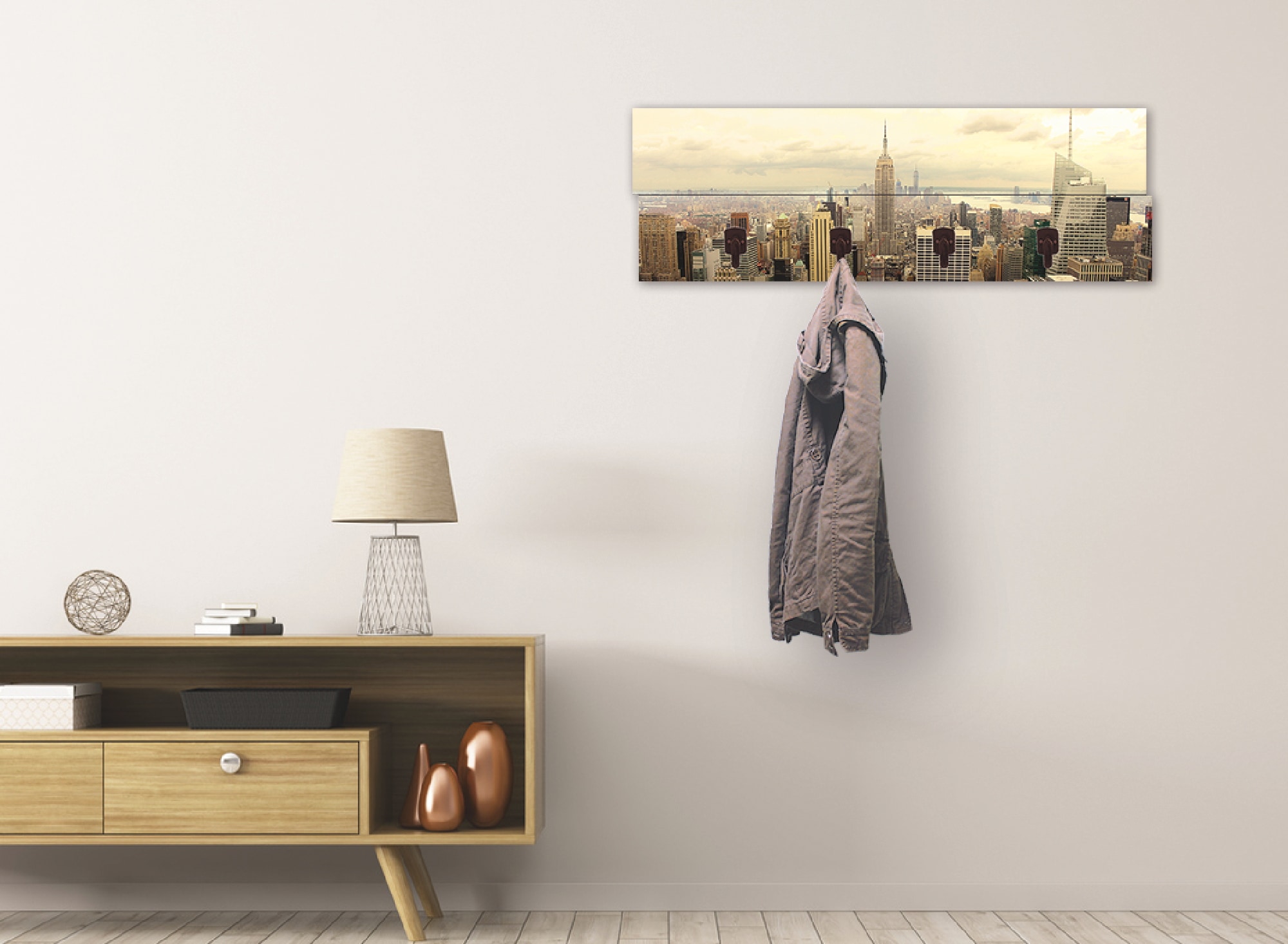 Image of Artland Garderobenleiste »Skyline Manhattan - New York«, platzsparende Wandgarderobe aus Holz mit 4 Haken, geeignet für kleinen, schmalen Flur, Flurgarderobe bei Ackermann Versand Schweiz