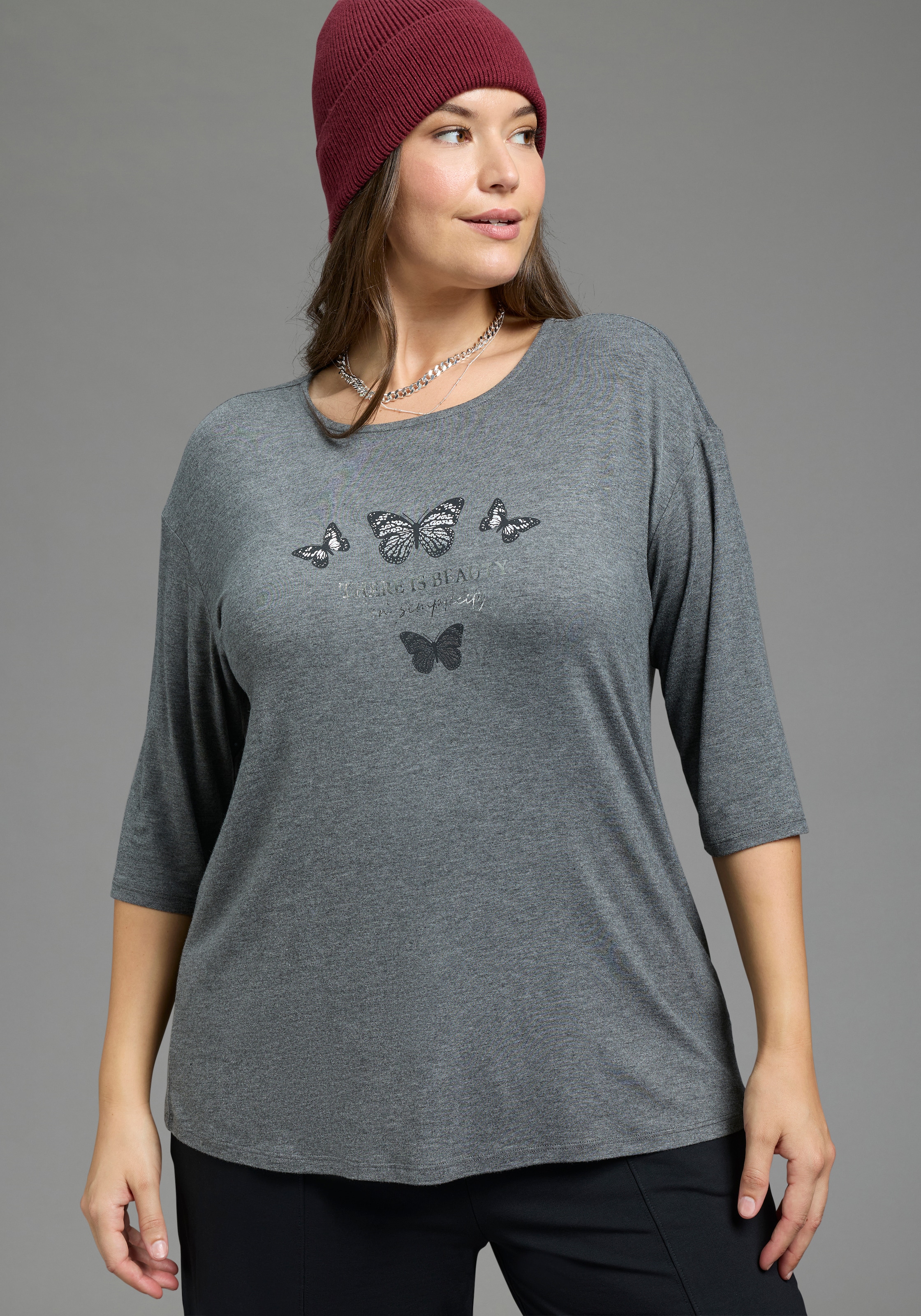 Laura Scott CURVE T-shirt à manches 3/4 »Grosse Grössen« ajusté à la silhouette, couvrant les hanches, avec encolure ronde