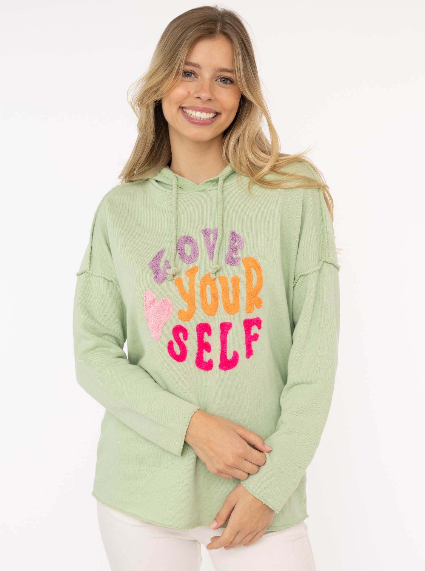 Image of Zwillingsherz Hoodie ""Love Yourself"", Kapuze, Flockprint, Langarm, Kordelzug