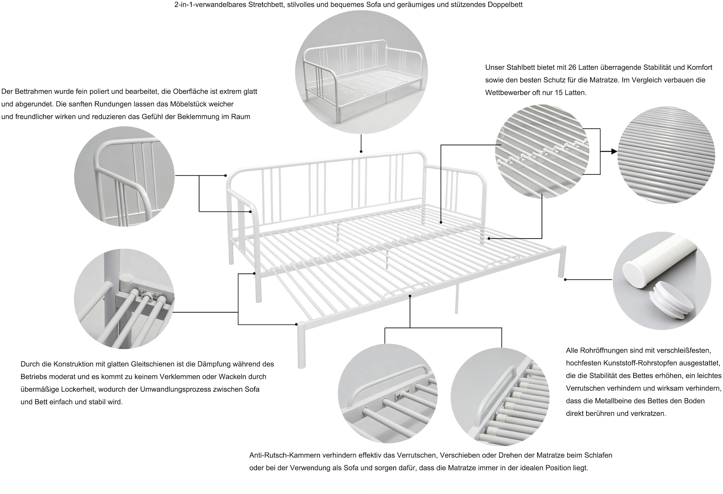 GOODproduct Metallbett »Trento Bett Bettgestell Bestseller Doppelbett Ausziehbett« Bestseller Gästebett Sofabett Schlafzimmer,  Daybett mit Ausziefunktion im Landhausdesign weiss
