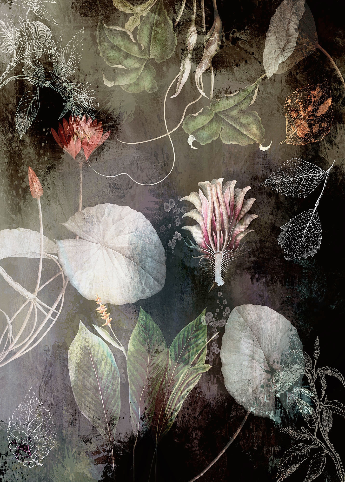 Image of Komar Vliestapete "Digitaldruck Vlies - Night Flowers - Grösse 200 x 280 cm" bedruckt glatt Wohnzimmer, Schlafzimmer