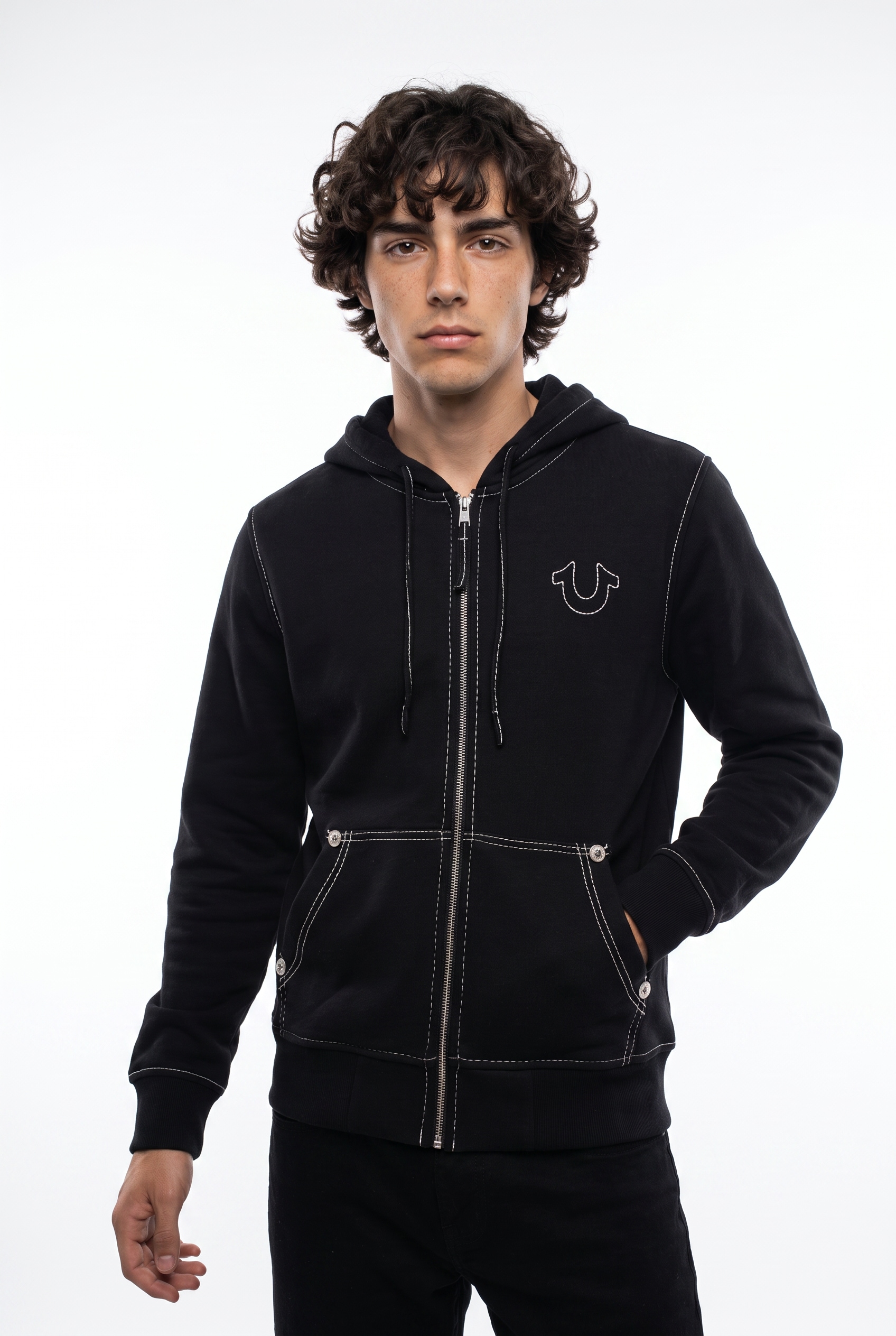 Image of True Religion Kapuzensweatjacke "BIG T ZIP THRU HOODIE JET BLACK" Baumwollmischung
