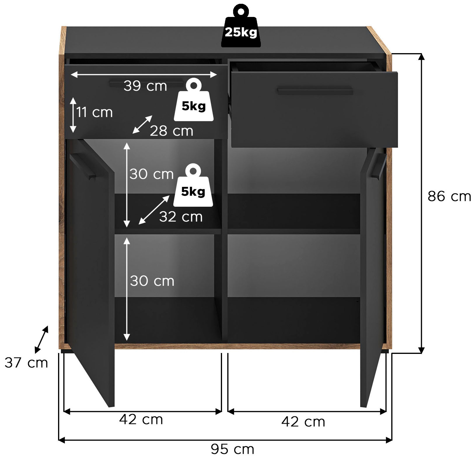 Home affaire Kommode »MUSTA, Breite: 95cm, 2 Schubkästen, 2 Türen, 4 Fächer« Anrichte, Sideborad, Highboard, Schrank, Schuhkommode, Flurkommode