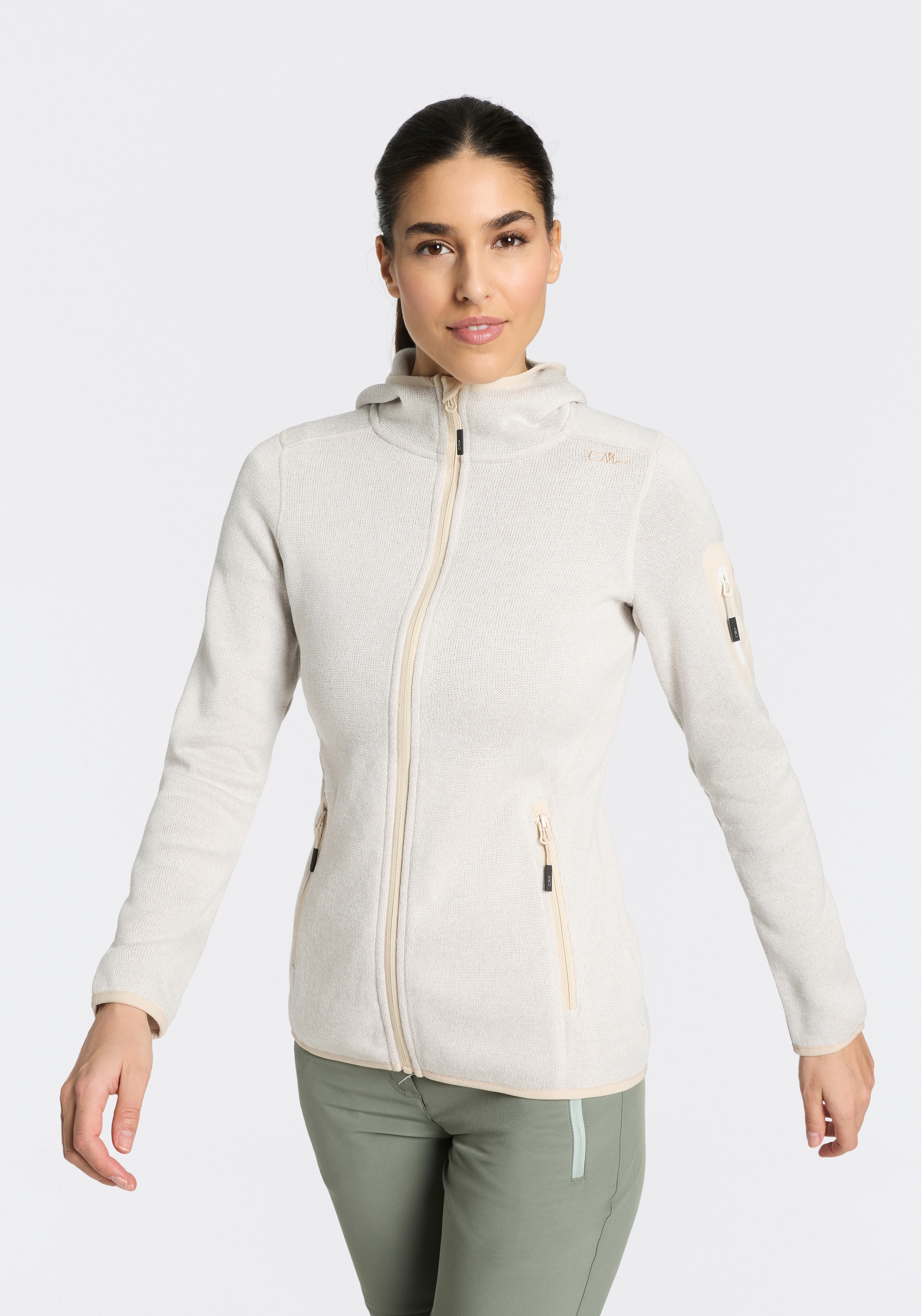 Image of CMP Strickfleecejacke "KNITTED MELANGE HOODY WOMAN HOODY JACKET" mit Kapuze Ünbergangsjacke für Outdoor-Aktivitäten, mit Kapuze, atmungsaktiv