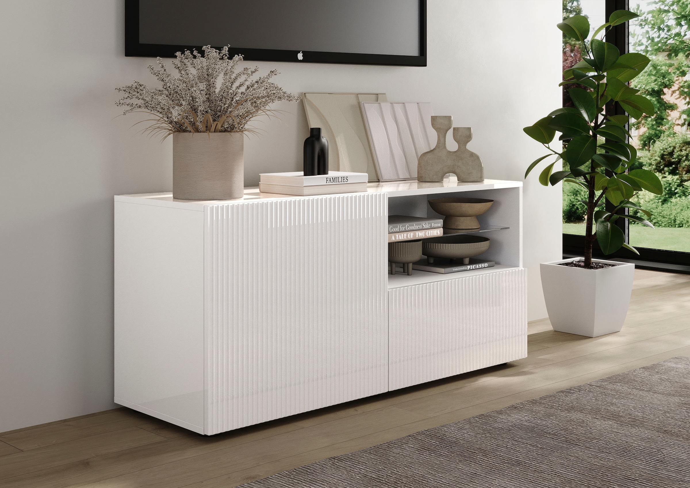 INOSIGN Lowboard »Rio Breite 120 cm, TV-Board 1 Tür u. 1 Schubkasten, TV-Schrank«, geriffelte MDF-Fronten, modern u. elegant, Kabelführung, platzsparend
