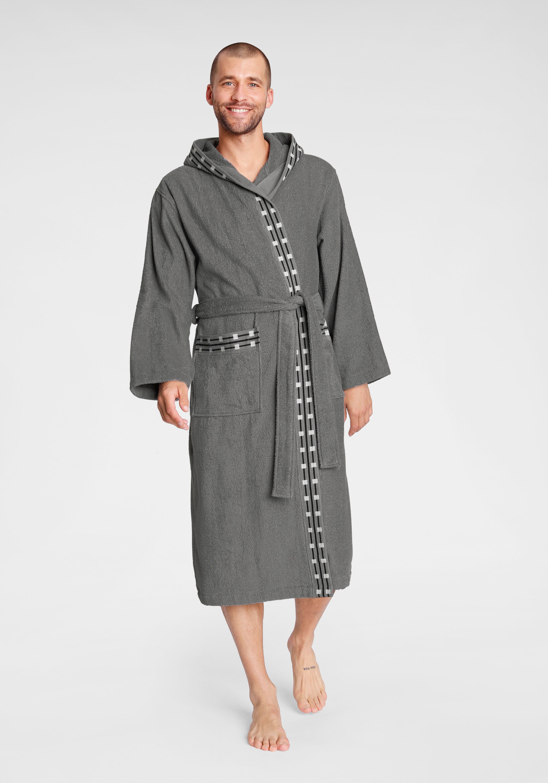 Image of my home Unisex-Bademantel »Jonnie«, (1 St.), für Damen & Herren, mit Kapuze & Taschen, Bademantel mit gemusterter Bordüre, lang, aus 100% Baumwolle bei Ackermann Versand Schweiz
