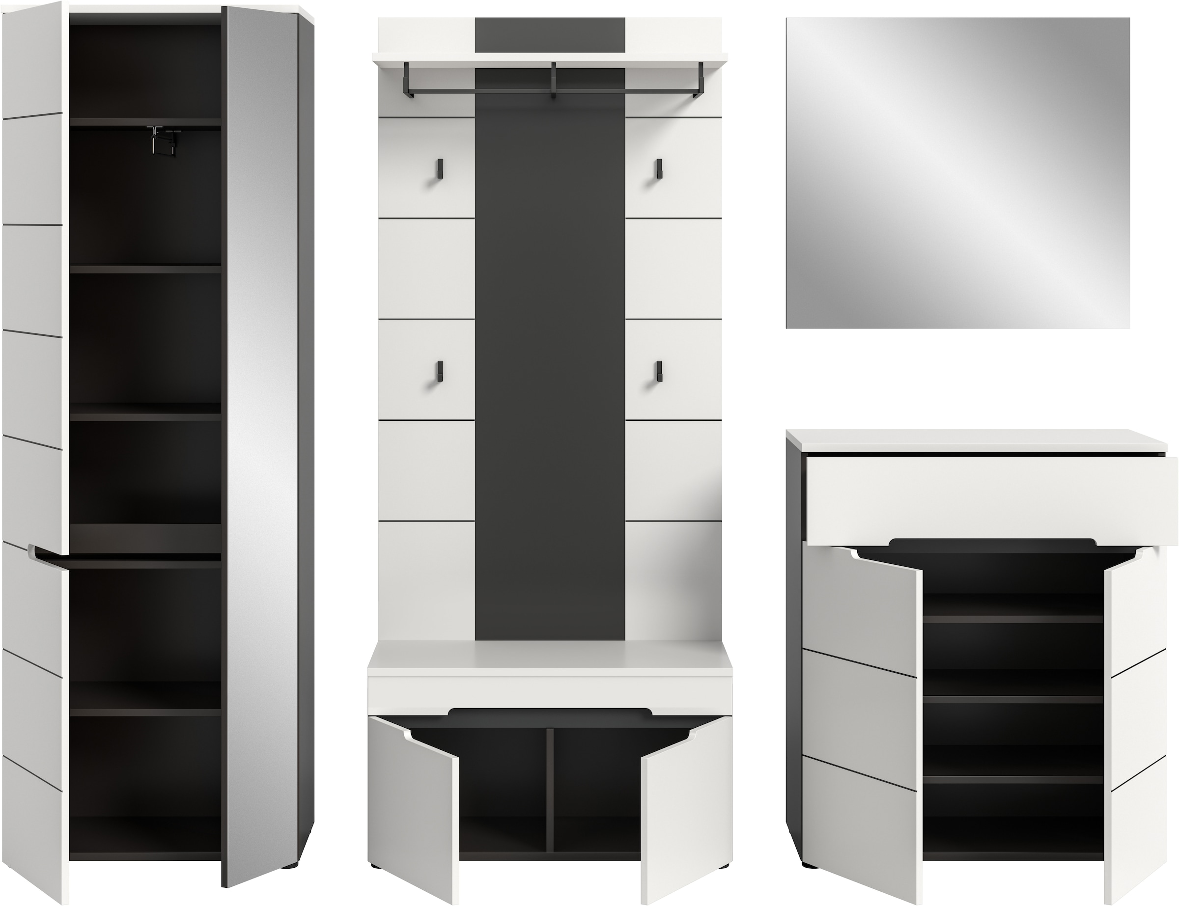 Home affaire Garderoben-Set »REHAT, TOPSELLER!, 5-teilig, Breite 255cm, individuell erweiterbar« Set, bestehend aus: Garderobenschrank, Sitzbank, Paneel, Spiegel, Kommode, 5 Stk. tlg.