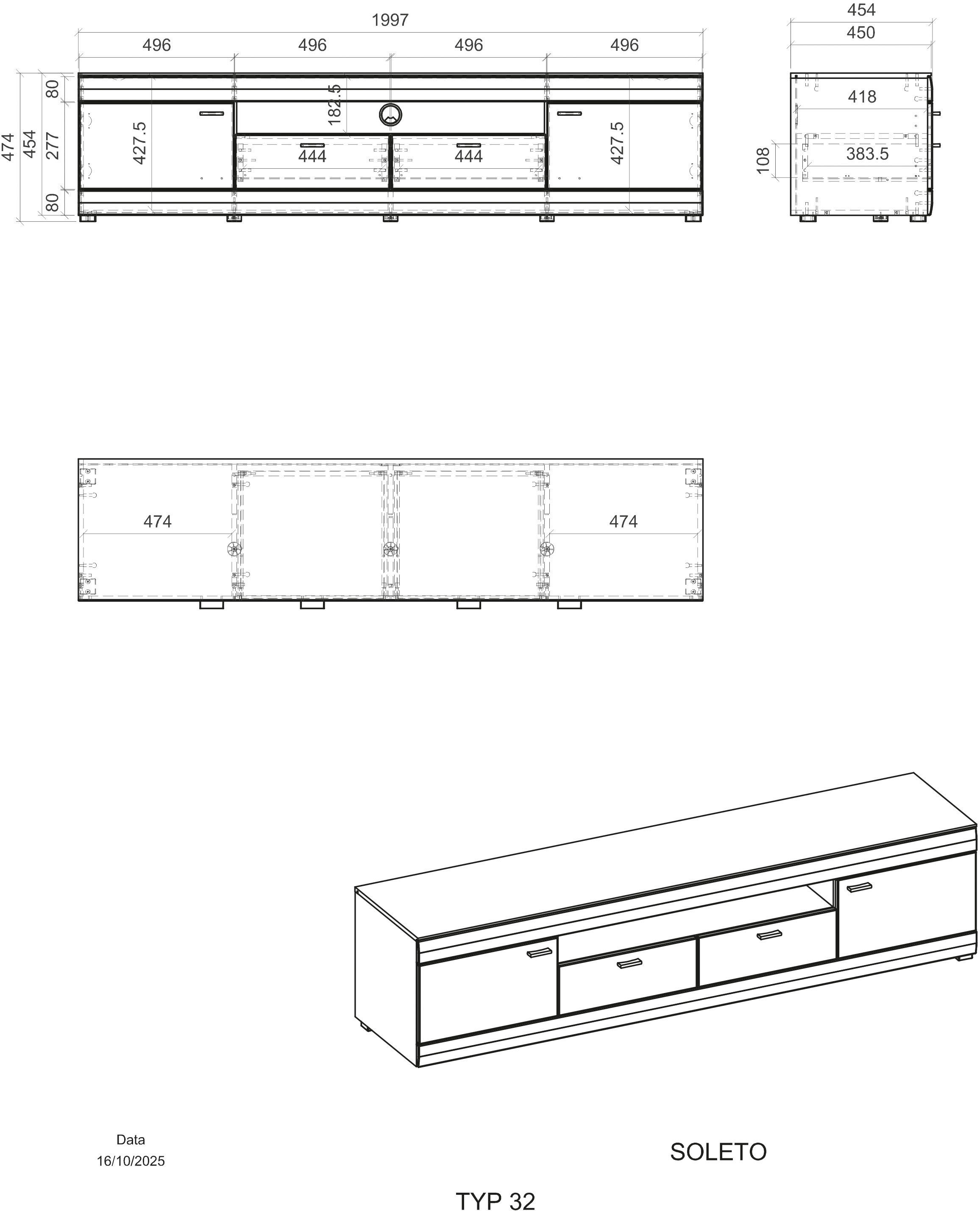 Home affaire Lowboard »Soleto, moderner TV-Schrank, Kommode, TV-Unterschrank« zeitlos, schwarze Griffe aus Metall, ausreichend Stauraum