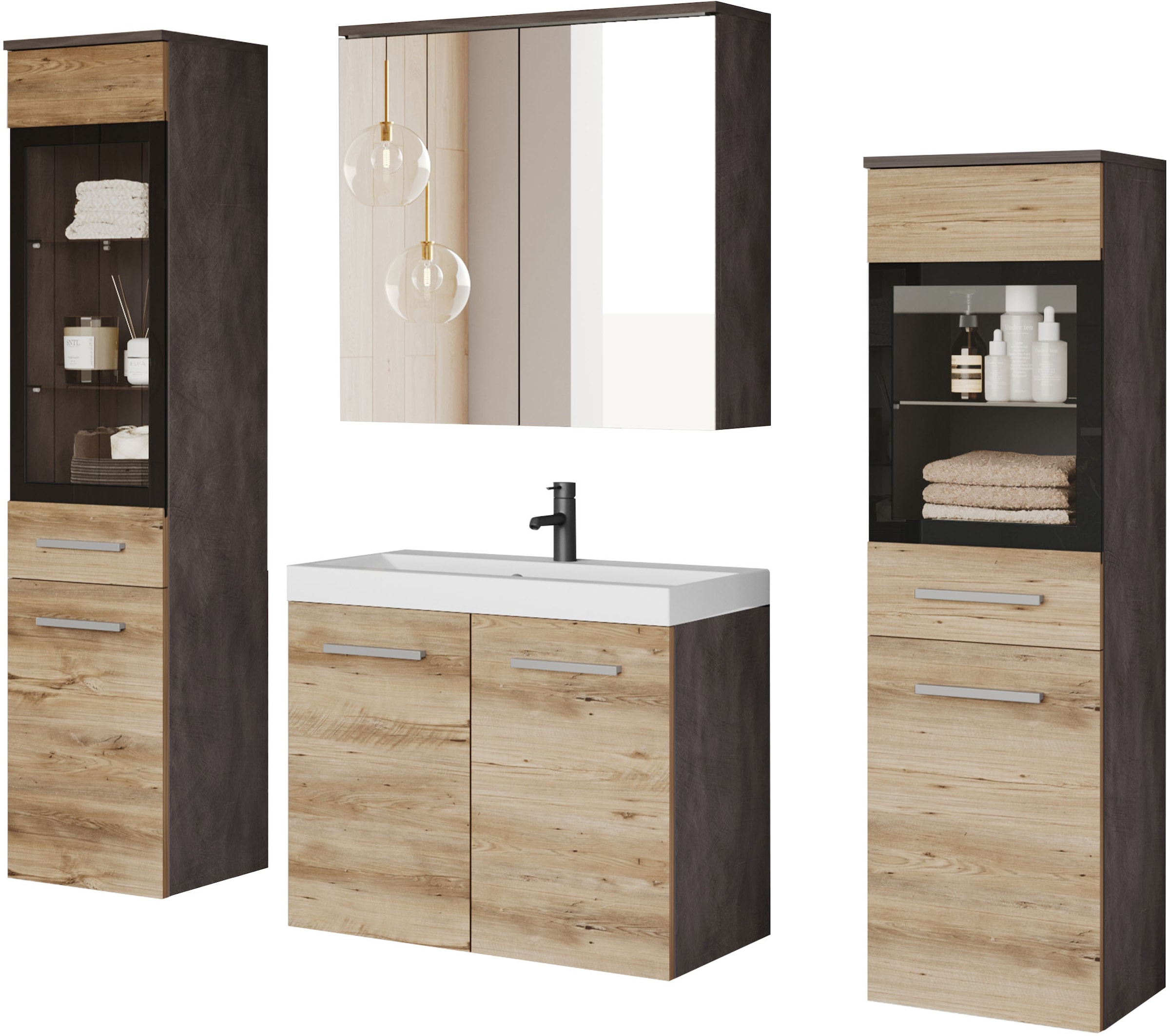 welltime Badmöbel-Set »MADRIT II, Schrank mit Waschbecken, 2 Hänger, Spiegelschrank« Komplett-Set, 5 Stk. tlg.