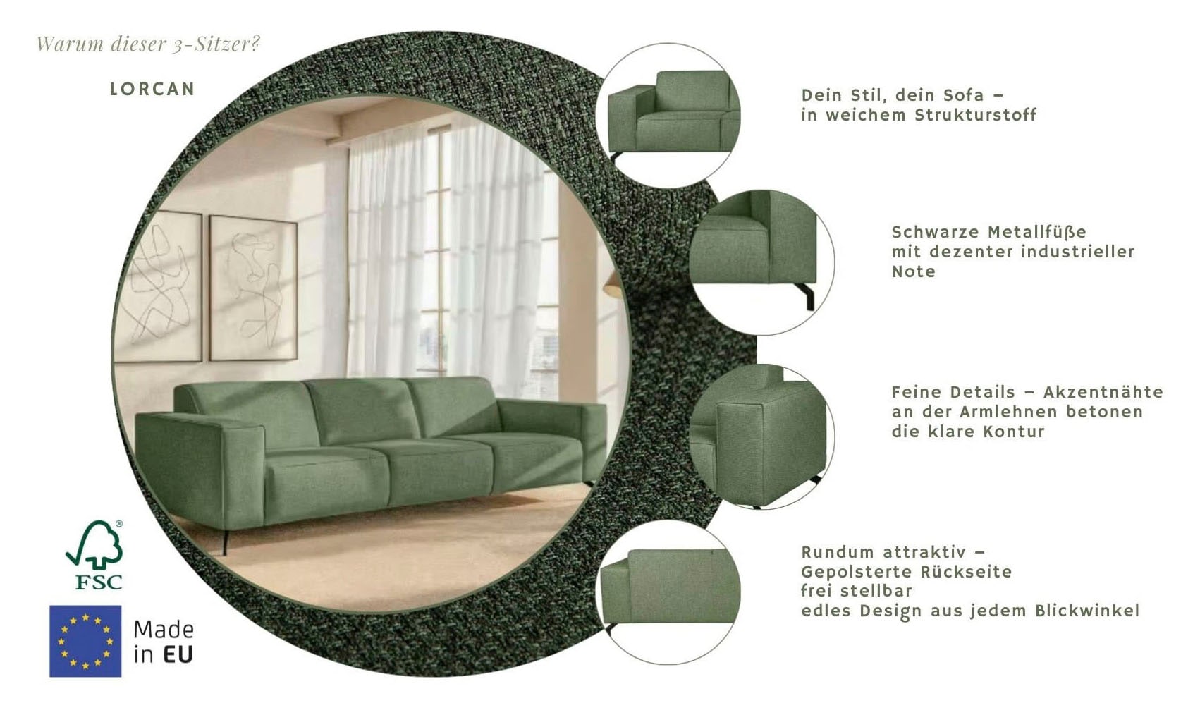 Home affaire 3-Sitzer »Lorcan 257 cm, weiches Sitzgefühl« mit schwarzen Metallfüssen, Lederoptik und in weichem Strukturstoff