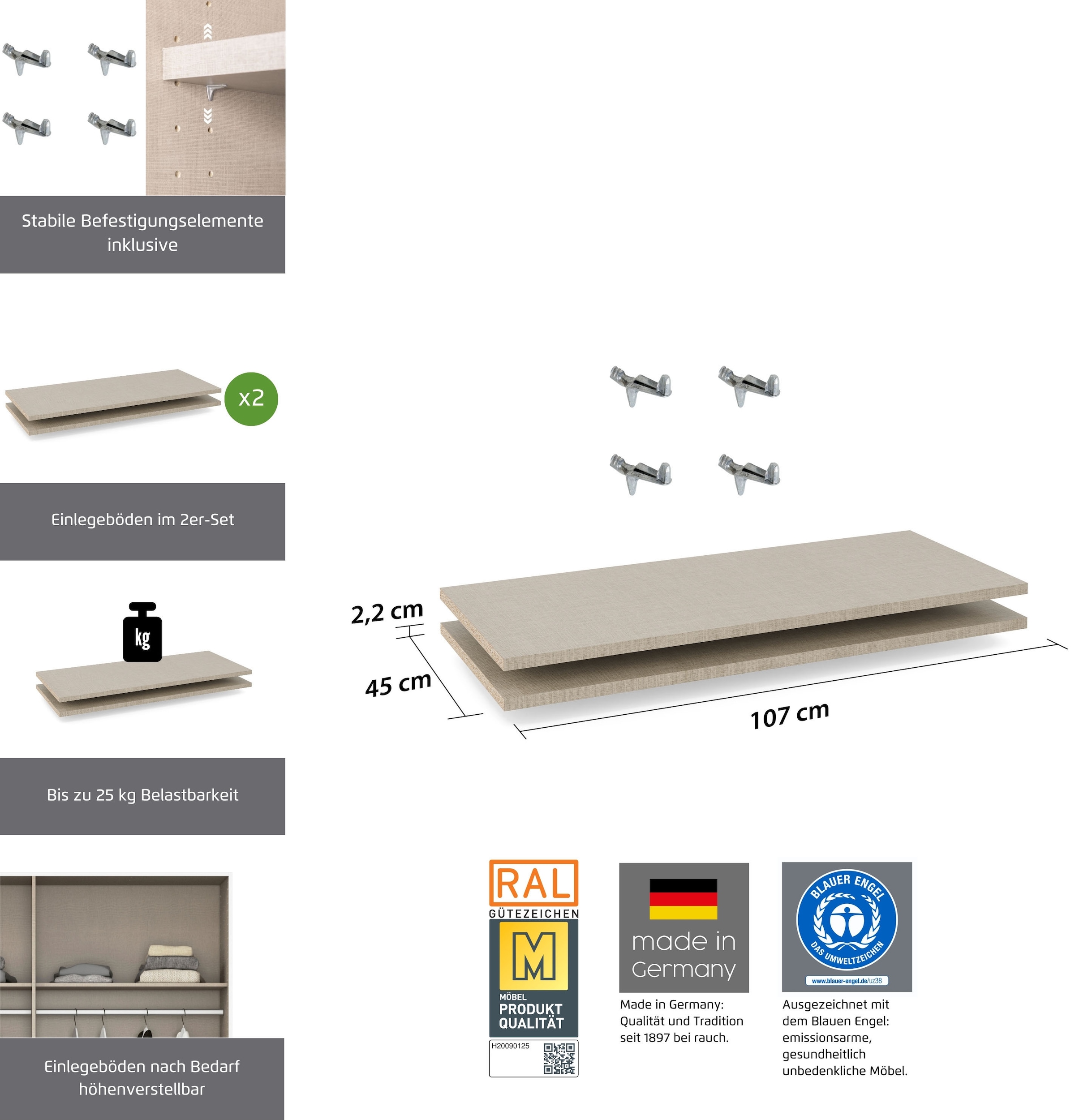 rauch Tablette de rangement »Zubehör für Rauch-Schwebetürenschränke BLUE« 2er-Set Breite 107 cm, Tiefe 45 cm