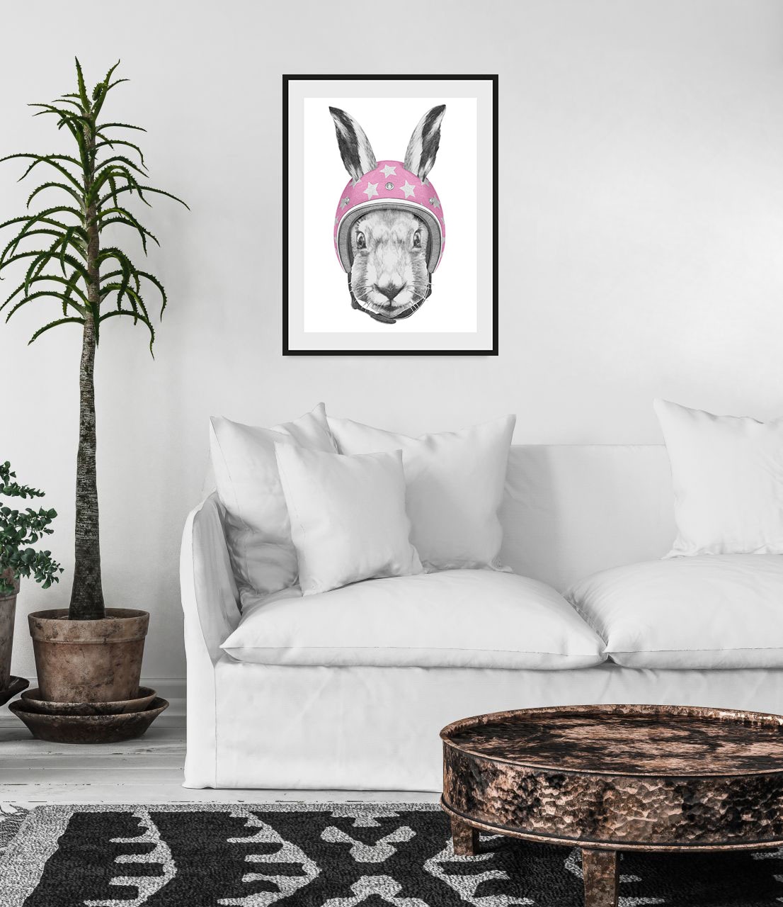 queence Bild »Lykke«, Hase-Hasen-Schwarz-Weiss-Kunst-Haustiere-Stern-Sterne, (1 St.), HD Premium Poster-Druck inkl. Holzrahmen