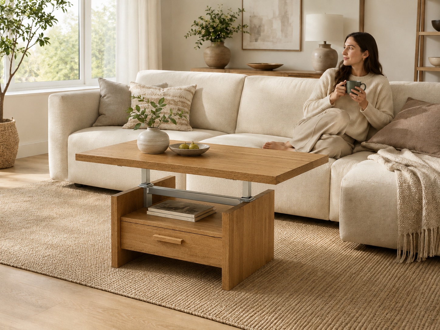 GOODproduct Couchtisch »Ravenna, Kaffeetisch« Wildeiche Natur/Smoke massiv, Liftfunktion, Schublade, Ablage