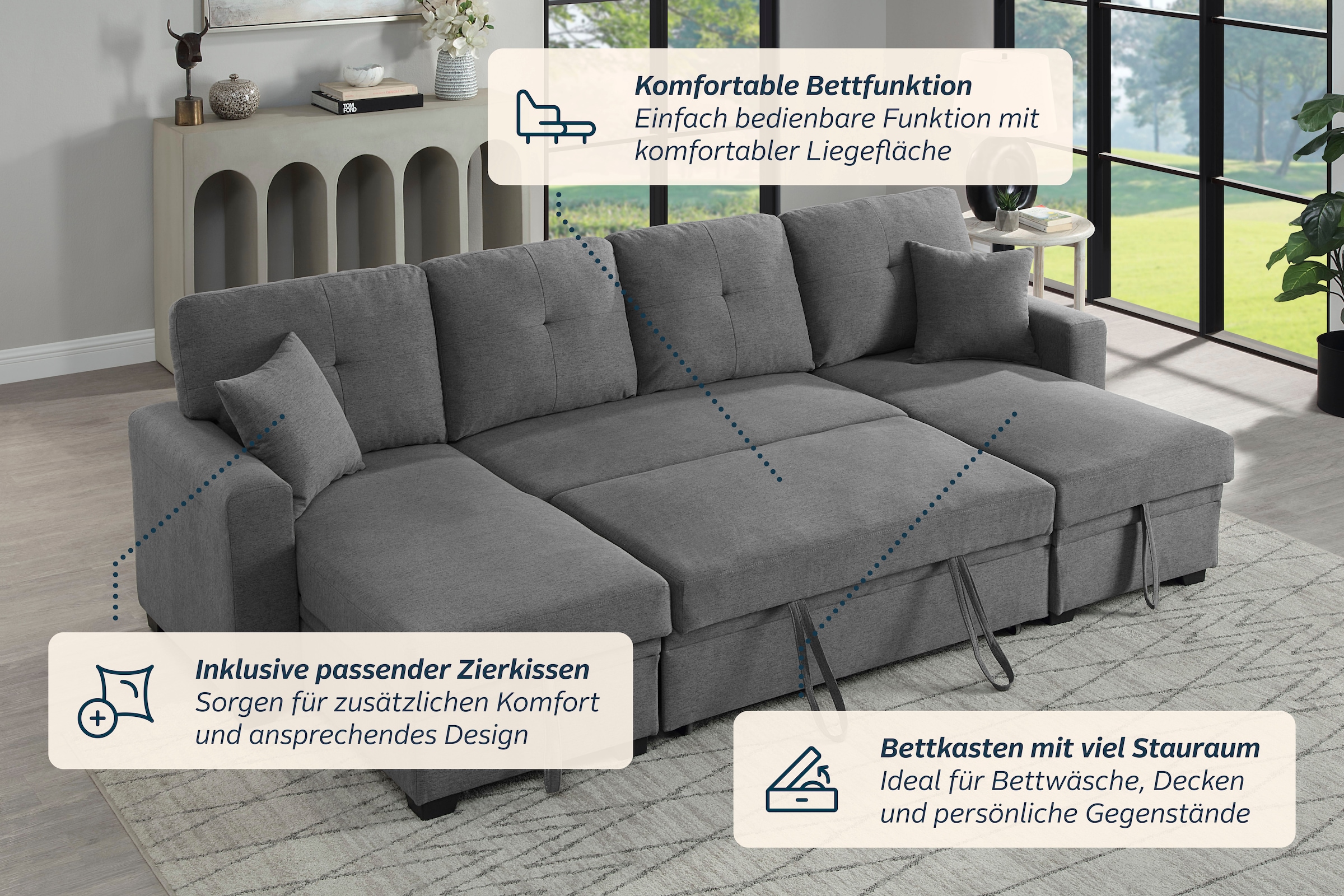 GOODproduct Wohnlandschaft »Gerrit U-Form, Br. 282 cm Couch, Liegefl. 125x215 cm« mit Schlaffunktion, 2 Bettkästen & 2 Zierkissen