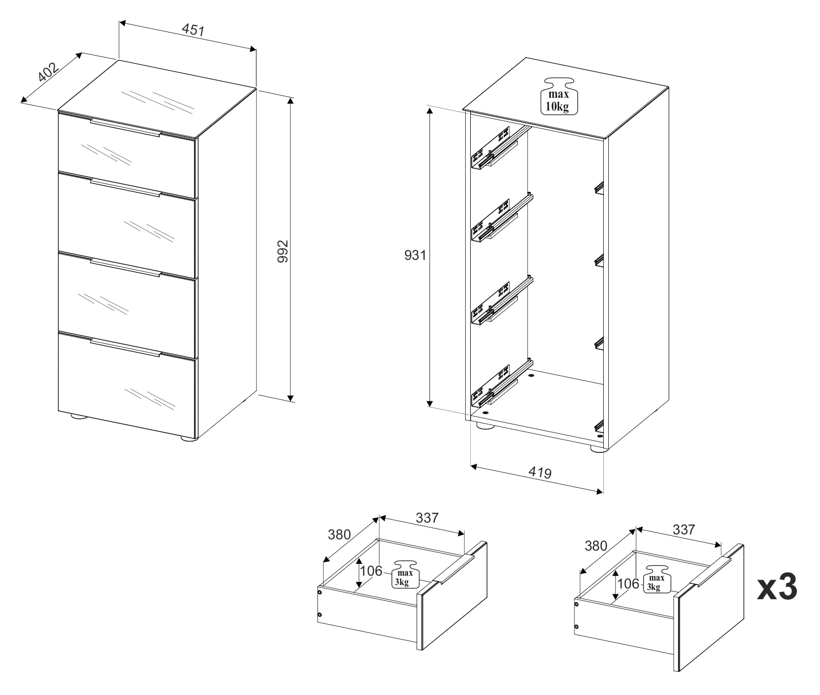 HBZ Commode »Santorin Mehrzweckschrank mit Schubkästen, BxHxT 45x99x40 cm« 1 cuis tlg. avec 4 tiroirs à fermeture douce, façade en verre et dessus en verre