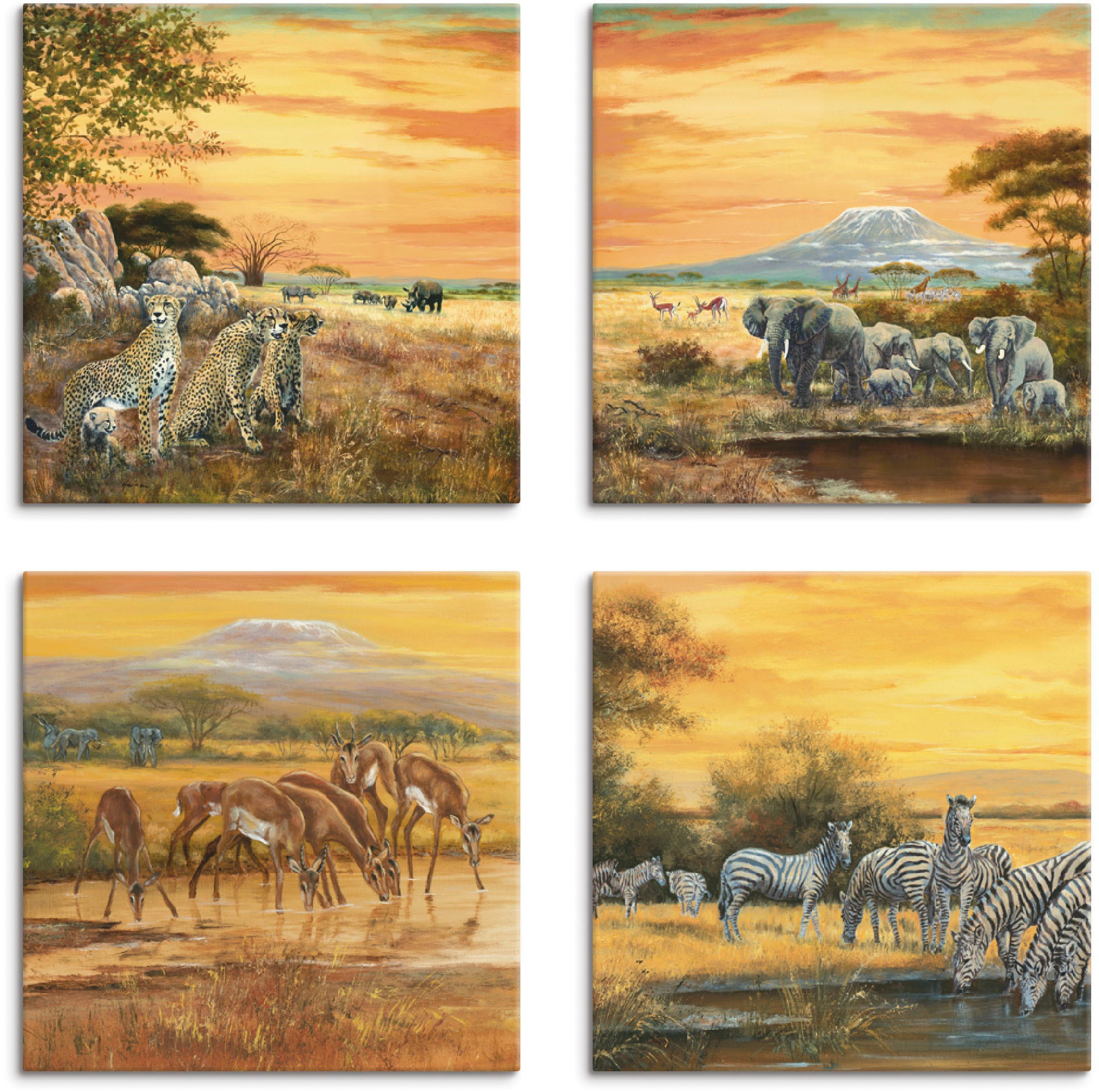 Image of Artland Leinwandbild "Geparden Elefanten Zebras in der Steppe" Wildtiere 4 Stk. tlg. 4er Set, verschiedene Grössen
