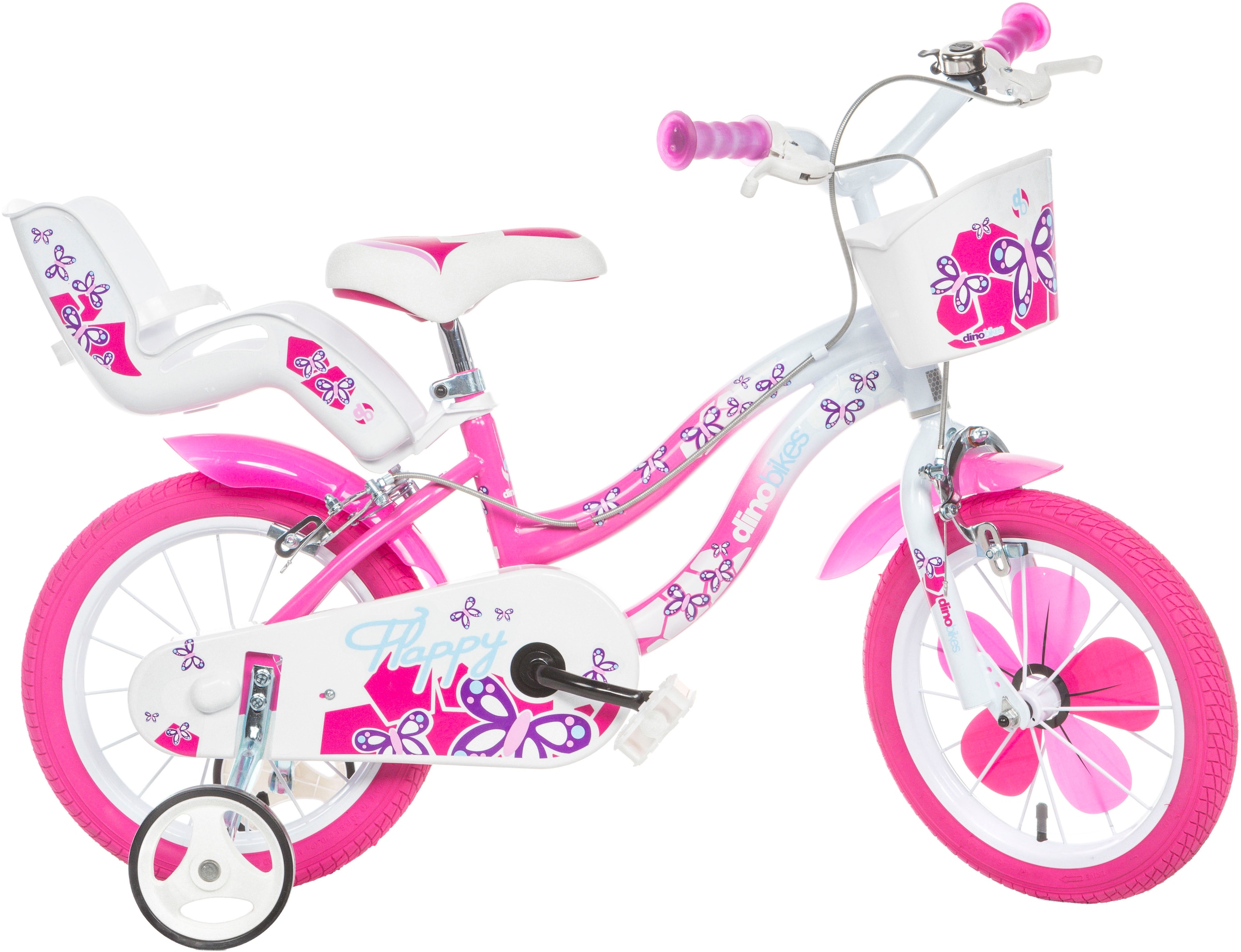 Dino Bikes Kinderfahrrad "16" Flappy Kinderfahrrad Mädchen Freilauf 4–7 Jahre Stützräder" 1 Gang mit Stützrädern, Korb und Puppensitz