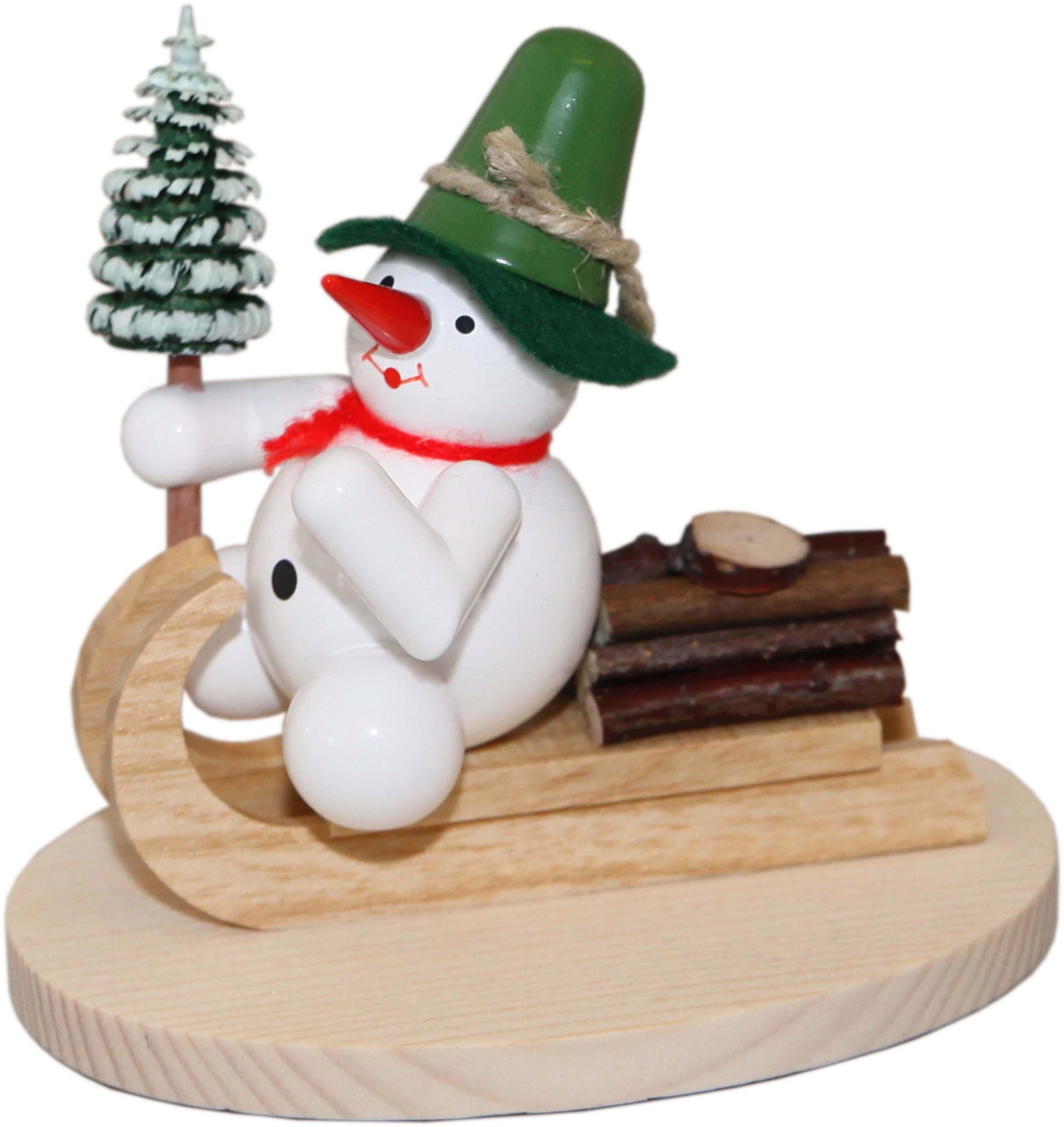 Image of Albin Preissler Schneemann "Schneemann auf Holzschlitten" Handwerkskunst aus dem Erzgebirge