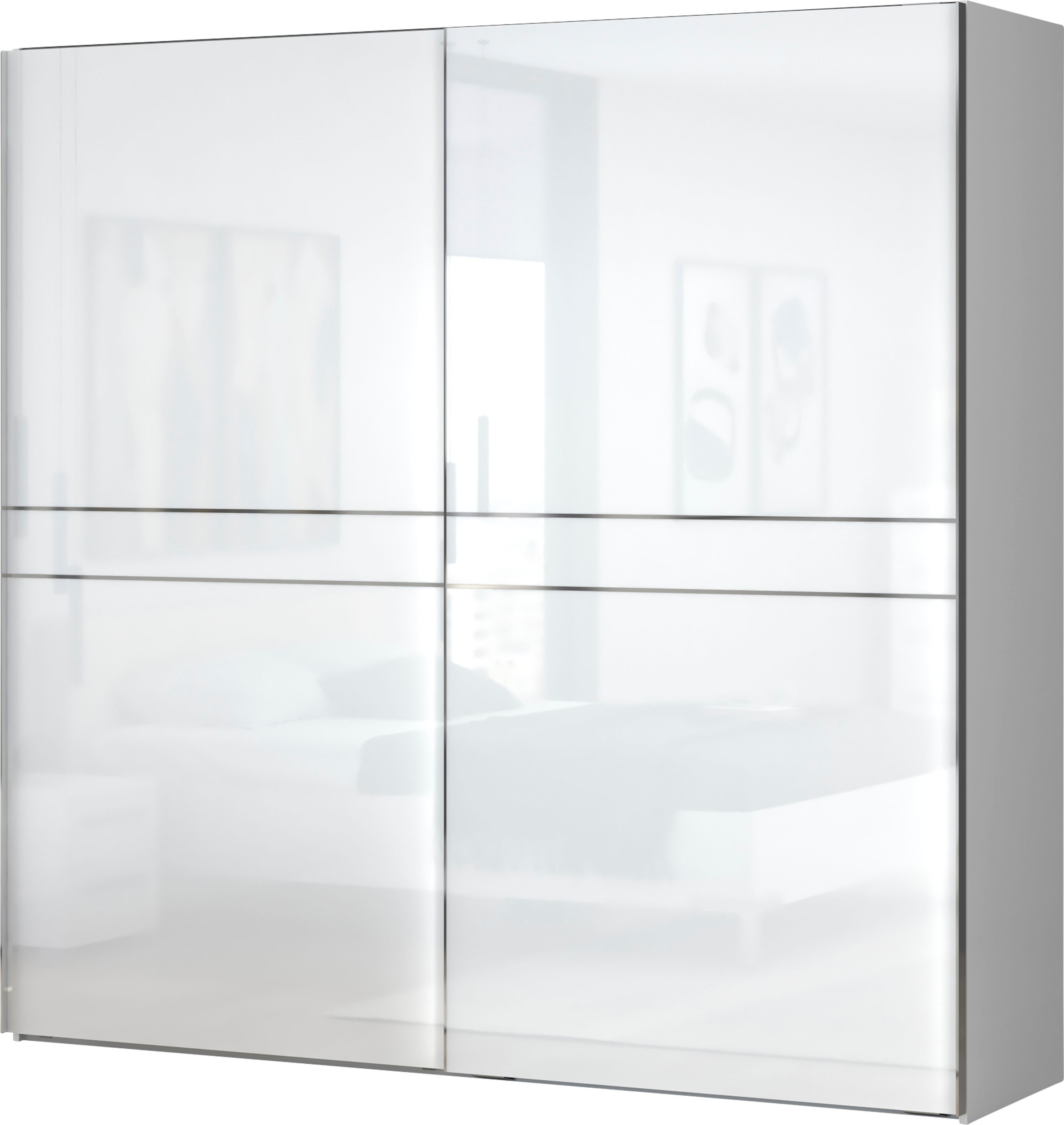 Image of GOODproduct Schwebetürenschrank "Piano, FSC-zertifiziert, mit Einlegeböden und Kleiderstangen" in 3 Breiten, 224cm hoch, mit verchromten Aufleistungen, UV lackiert, hochglänzend, mit Soft-Close Funktion, in beige oder weiss