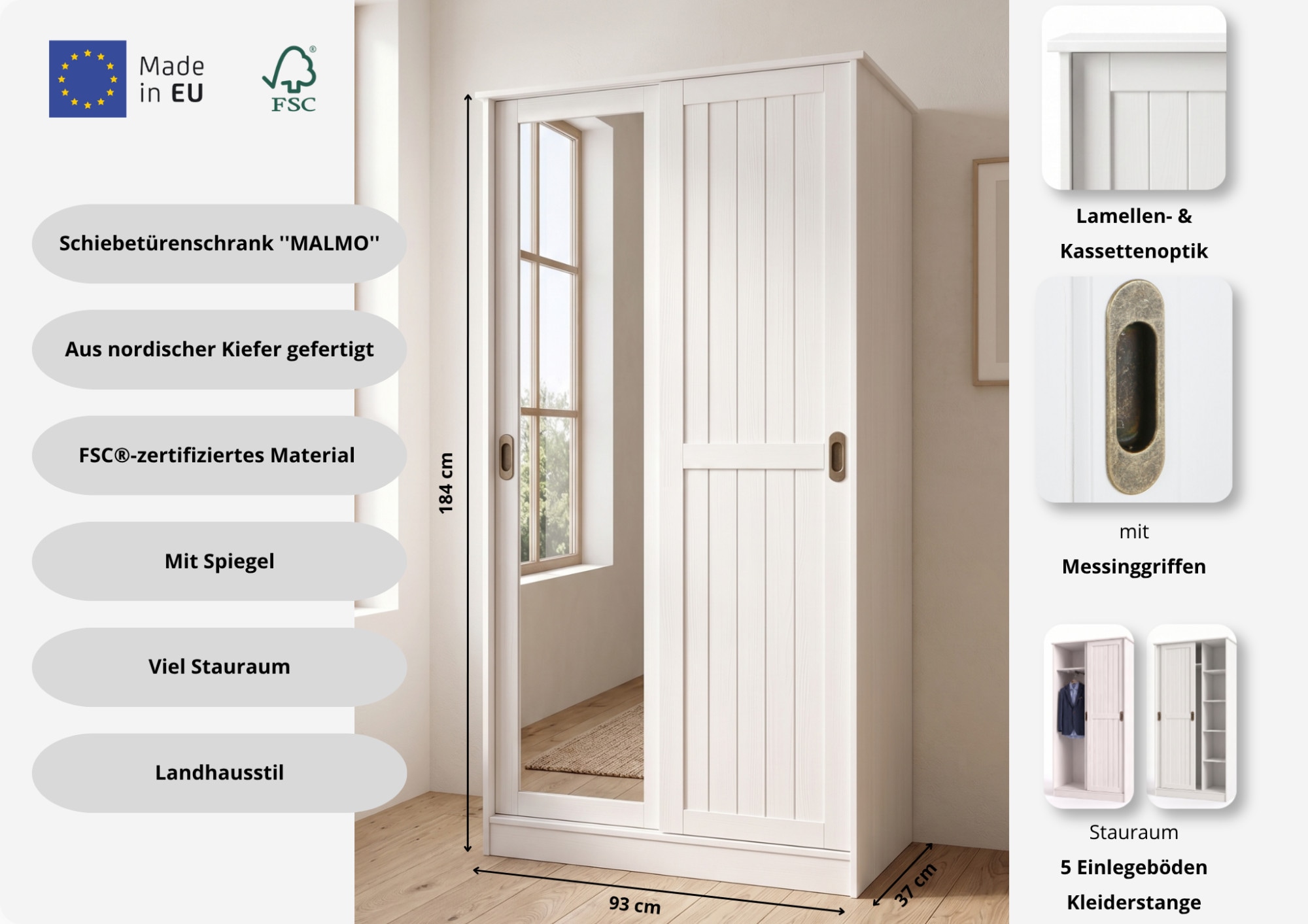 GOODproduct Armoire vestiaire »Malmö Mehrzweckschrank mit Schiebetüren und Spiegel« En pin massif certifié FSC®, L/l/H 93/37/187 cm