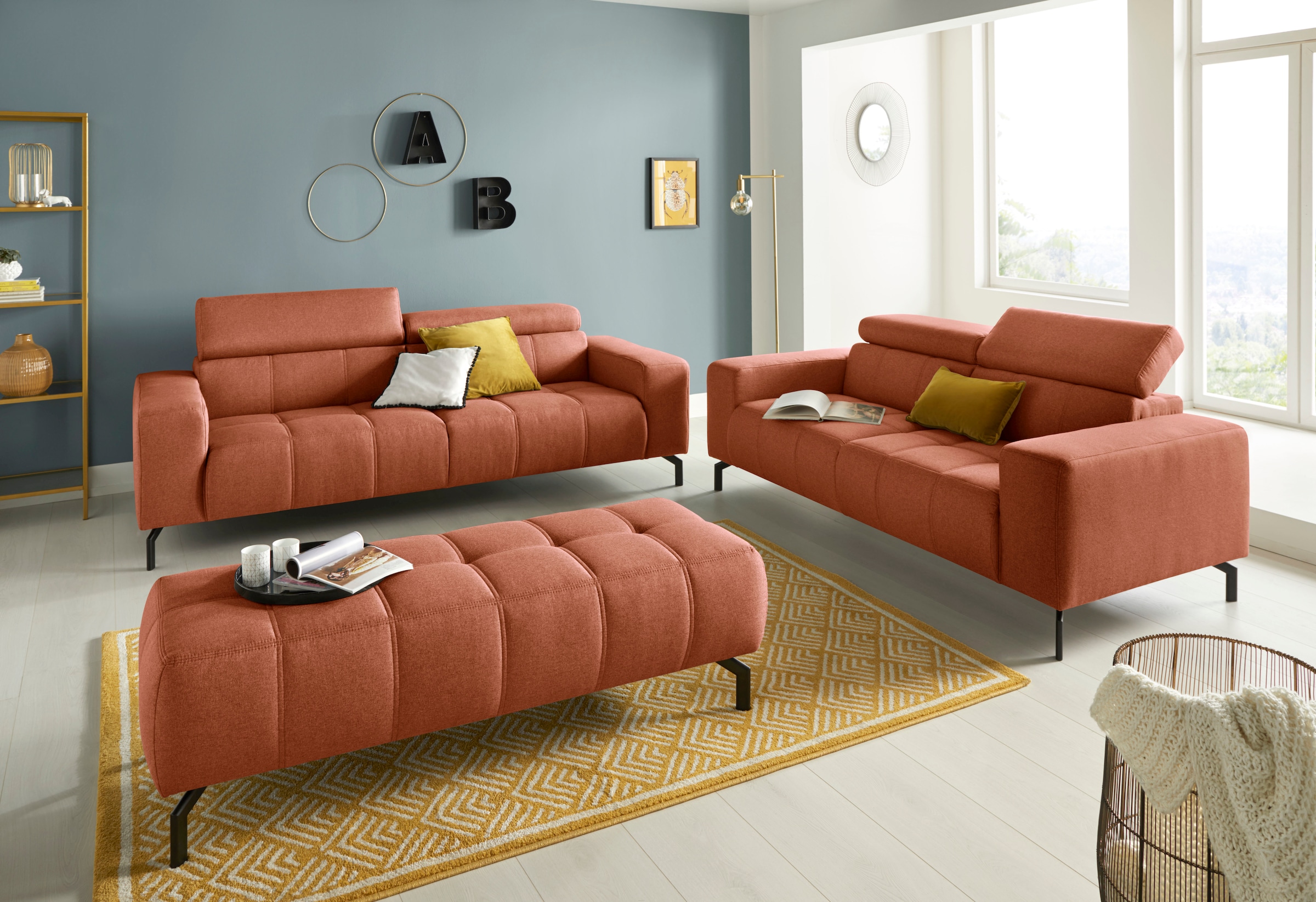 DOMO collection 2-Sitzer »Cunelli zeitlos und elegant, moderne Sitznähte als Designelement,« wahlweise mit 6-fach verstellbaren Kopfteilen, fester Sitzkomfort