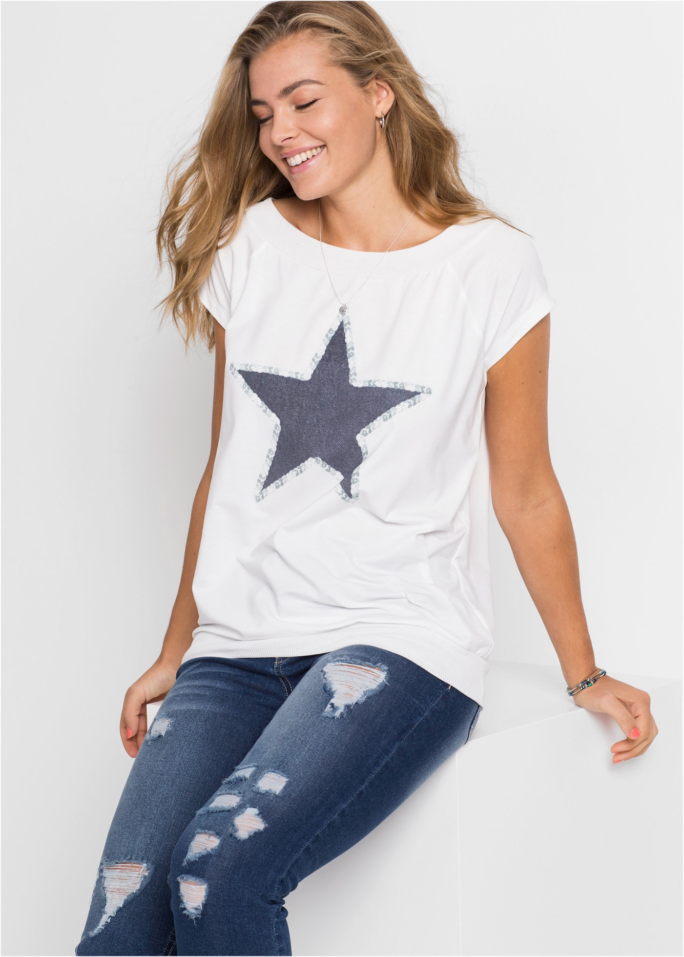 bonprix T-shirt bequeme Passform, aus Viskose, mit elastischem, geripptem Saum