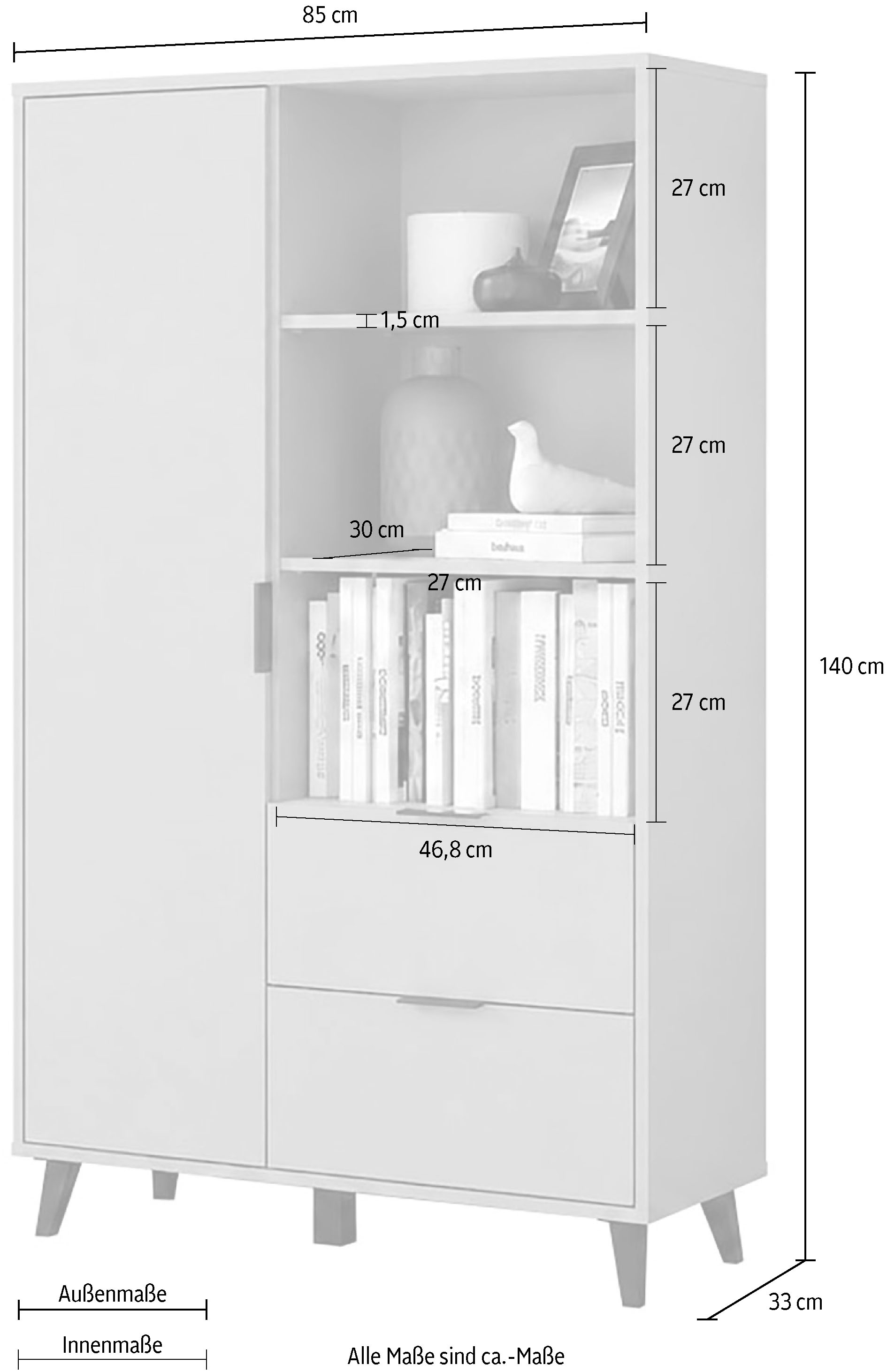 GOODproduct »Oslo, B/H/T: 85/140/33 cm« 1 cuis tlg. Tiroir, étagères réglables en hauteur, poignées en métal noir
